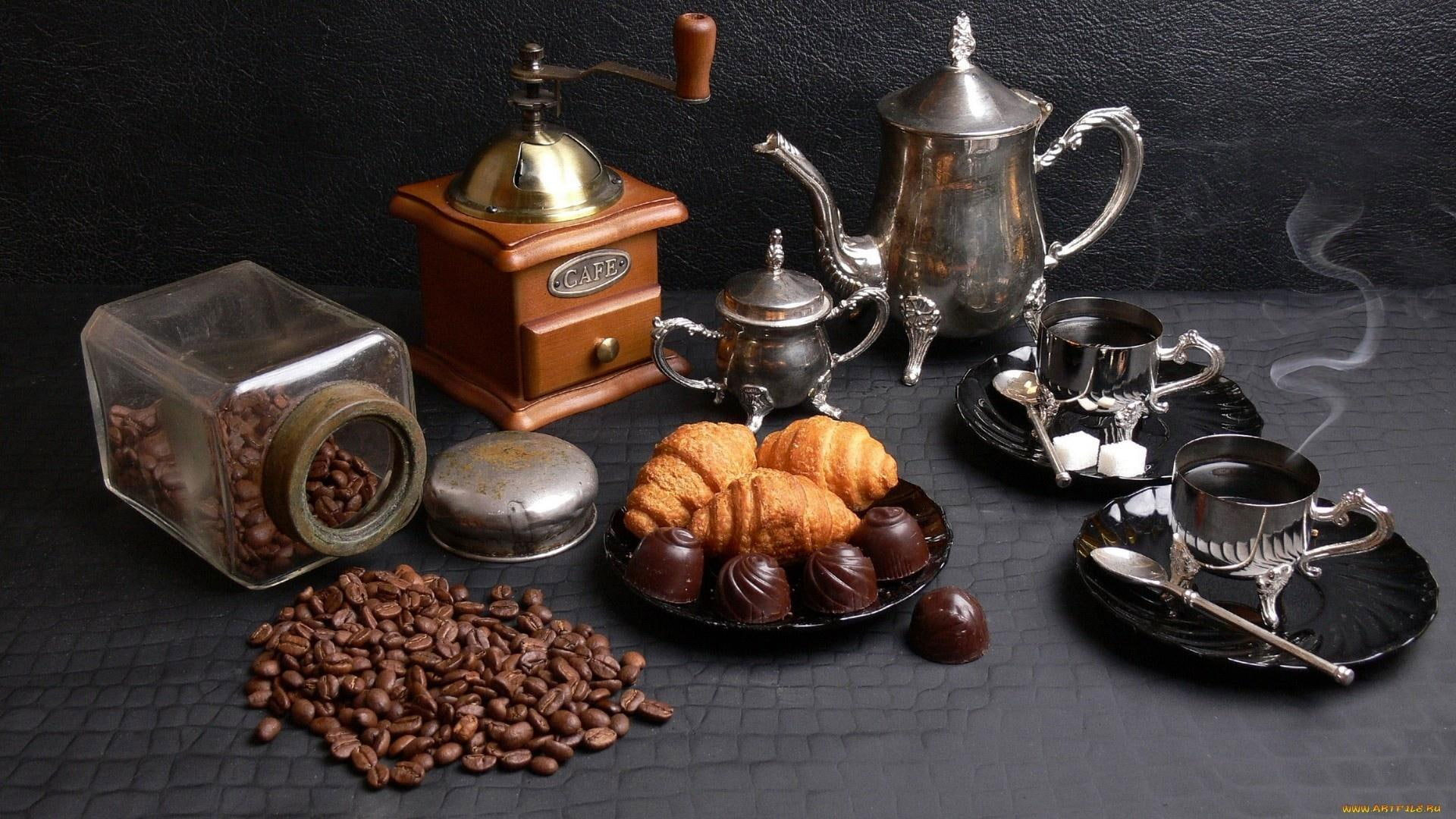 Coffee wallpaper, stainless steel tea set, coffee grinder, and coffee beans • Wallpaper For You HD Wallpaper For Desktop & Mobile