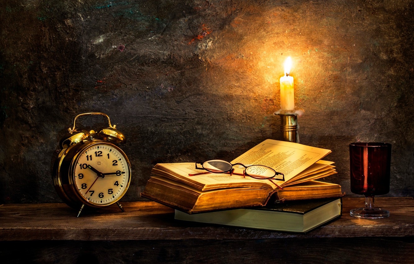 Wallpaper watch, candle, old books, Time to turn in image for desktop, section стиль