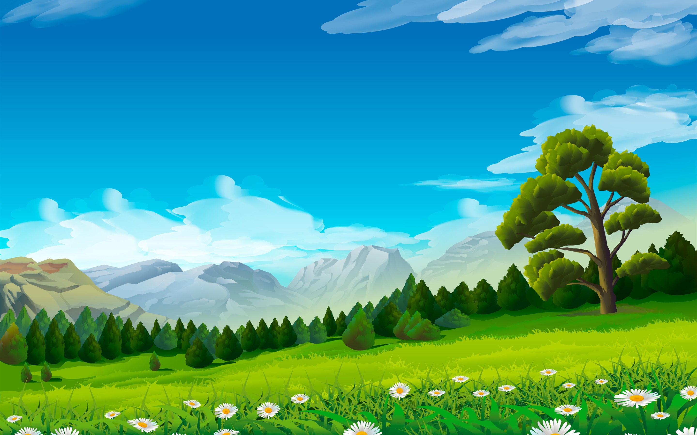 Wallpaper Trees, chamomile, grass, mountains, vector picture 2880x1800 HD Picture, Image