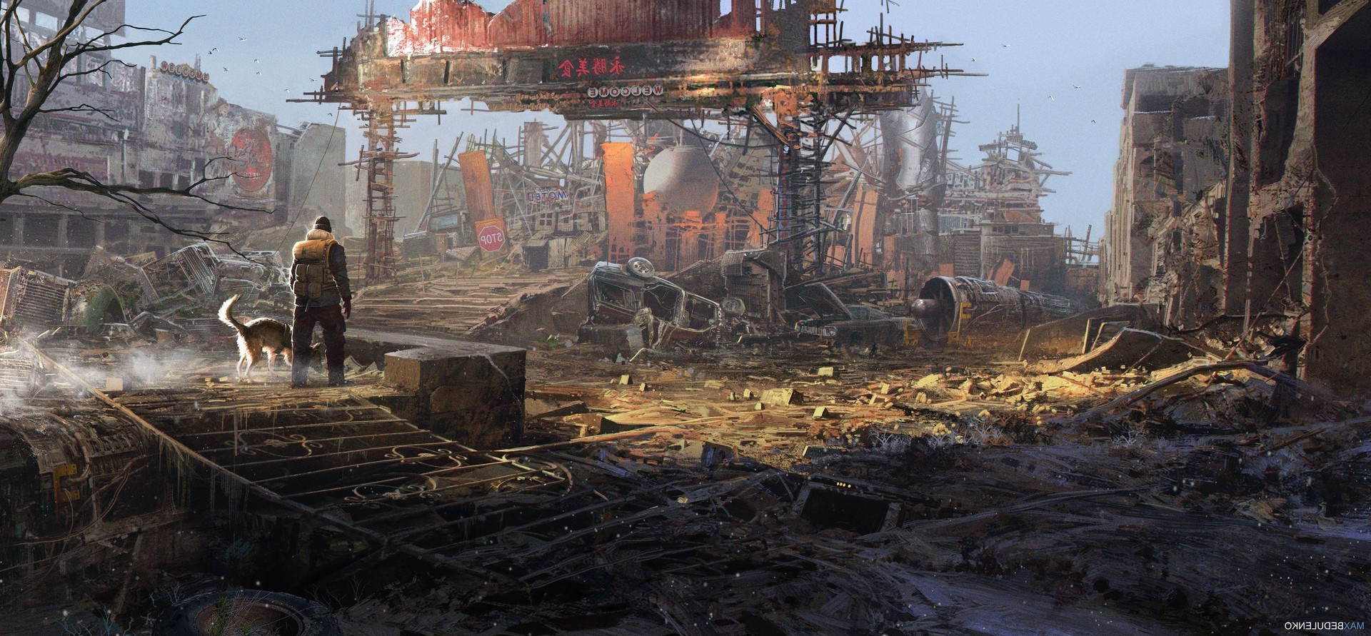 Wallpaper, men, ruin, dog, fire, explosion, ruins, destroyed, screenshot, pc game, geological phenomenon, 1920x891 px, end time 1920x891