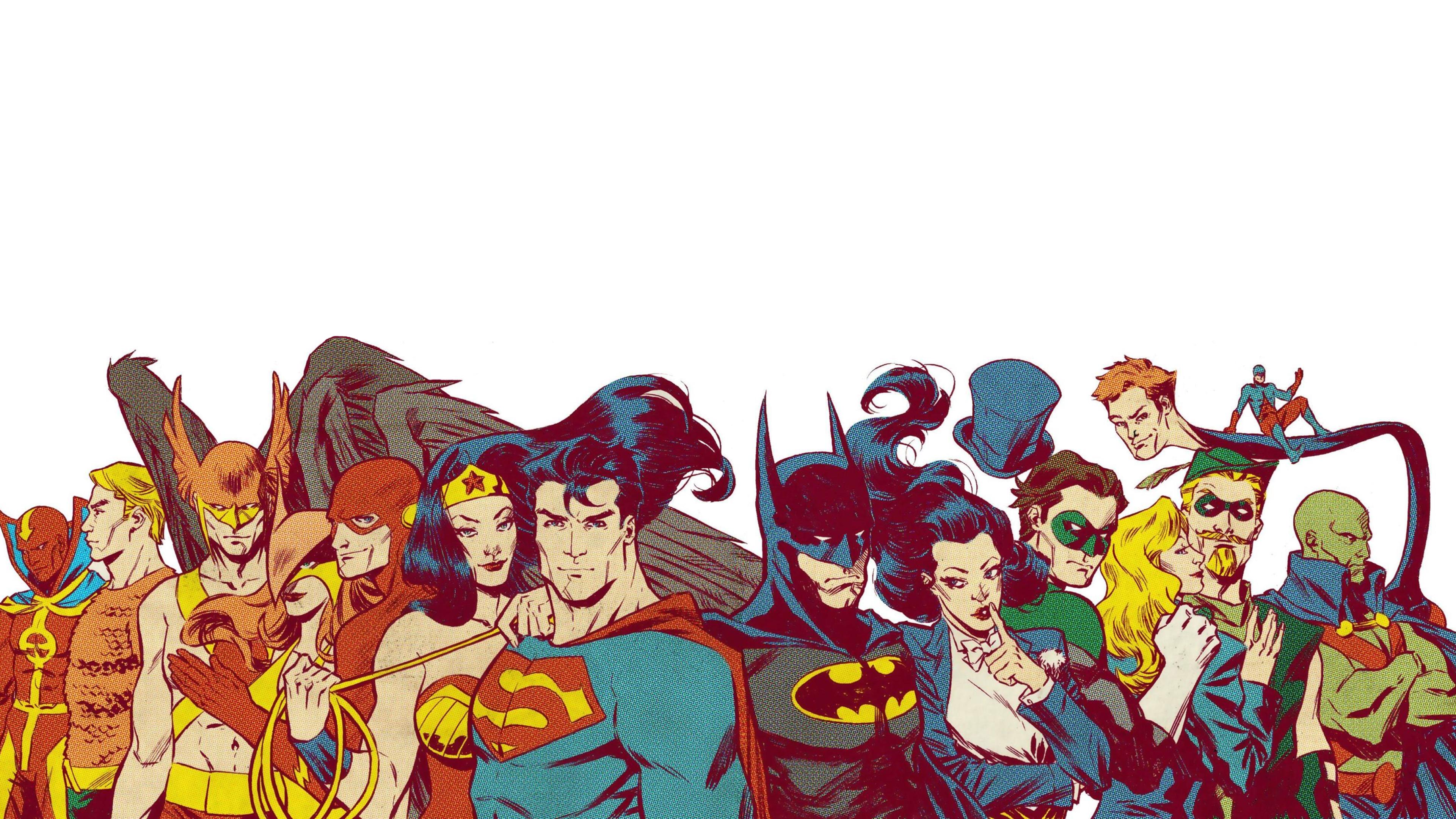 Wallpaper, Batman, Superman, Wonder Woman, The Flash, Aquaman, Green Arrow, Hawkman, Hawkgirl, Green Lantern, Zatanna, The Atom, Black Canary, Martian Manhunter, Red Tornado, Elongated Man, Justice League 3840x2160
