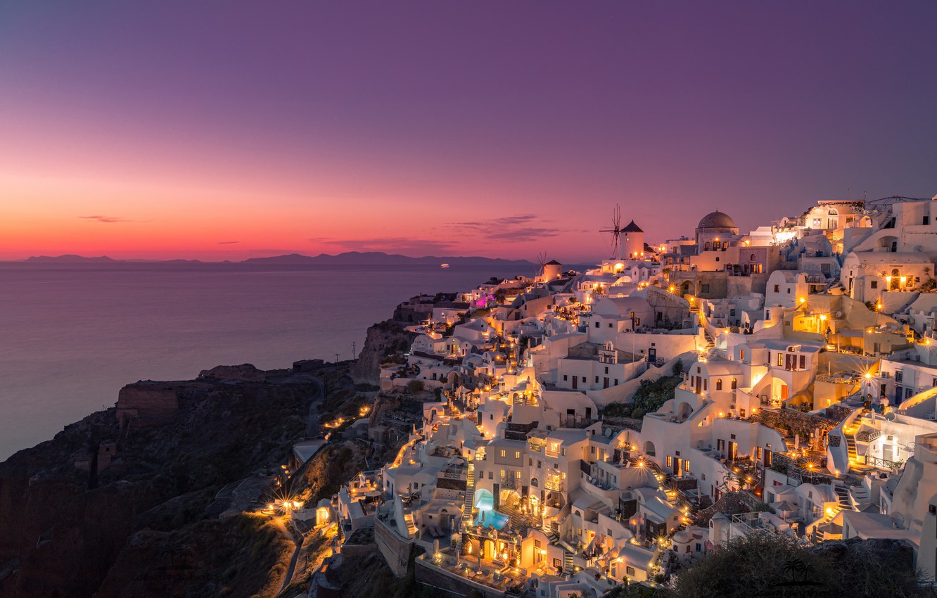 Wallpaper night, home, Santorini, Greece, Fira image for desktop, section город