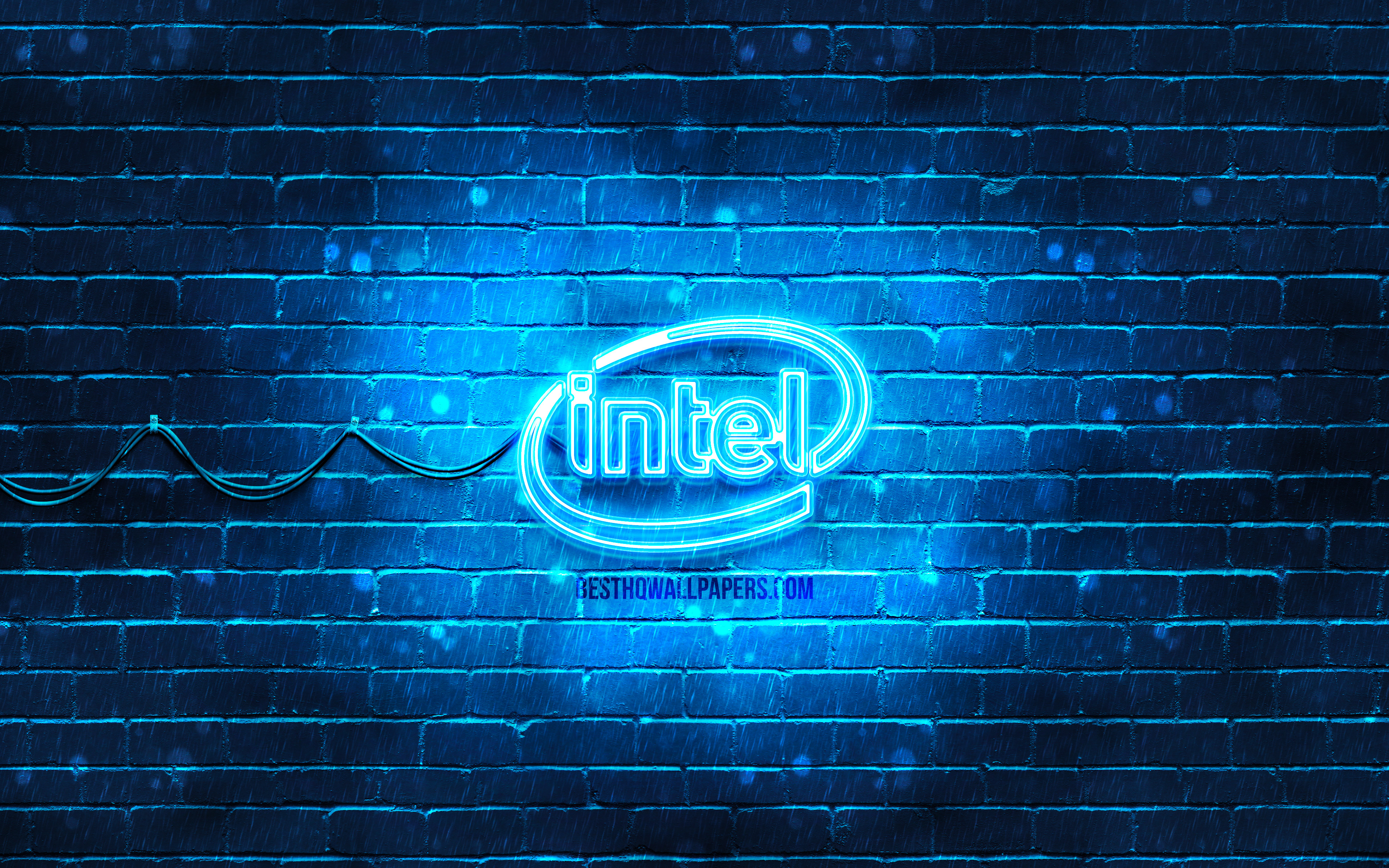 Download wallpaper Intel blue logo, 4k, blue brickwall, Intel logo, brands, Intel neon logo, Intel for desktop with resolution 3840x2400. High Quality HD picture wallpaper