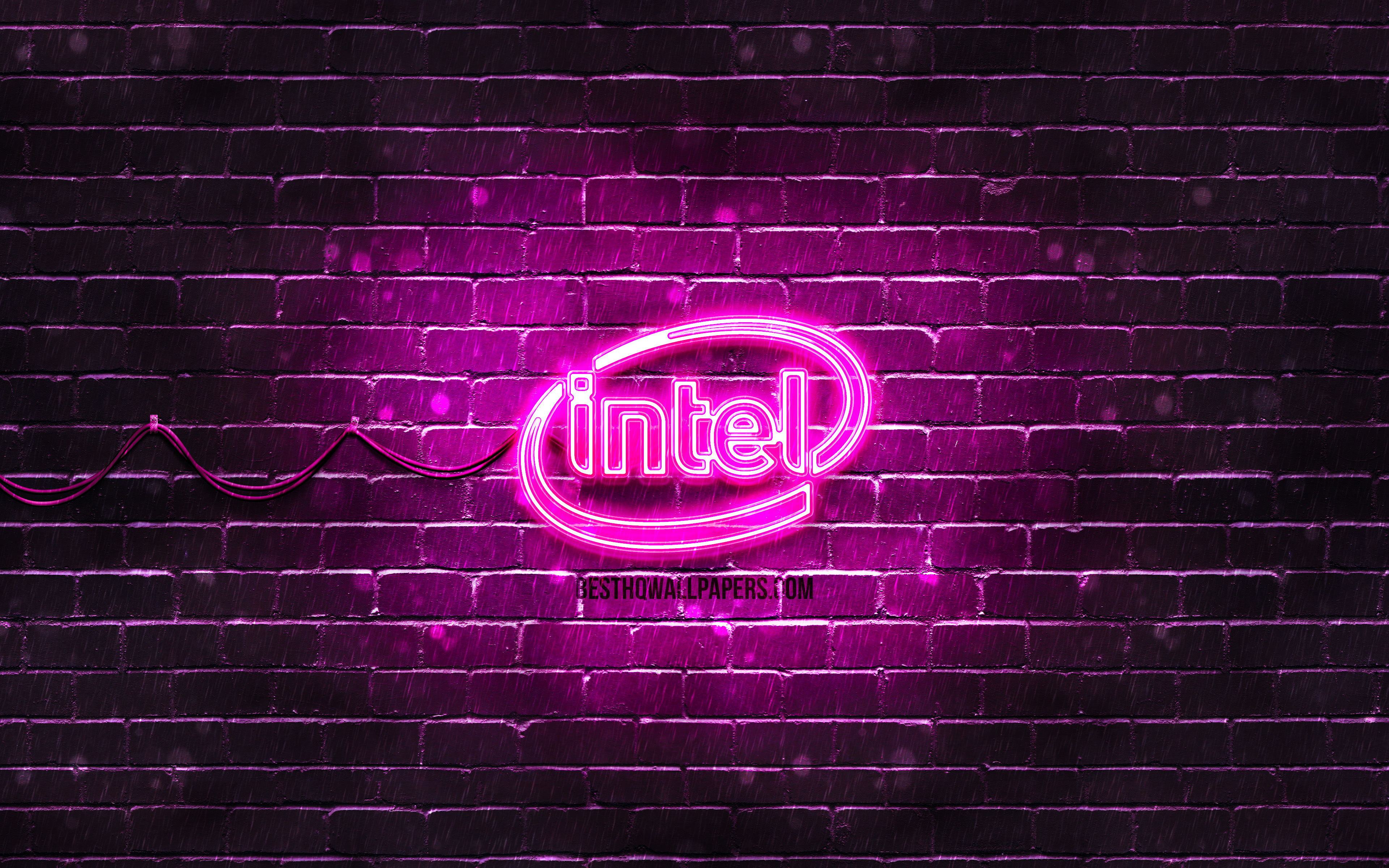 Download wallpaper Intel purple logo, 4k, purple brickwall, Intel logo, brands, Intel neon logo, Intel for desktop with resolution 3840x2400. High Quality HD picture wallpaper