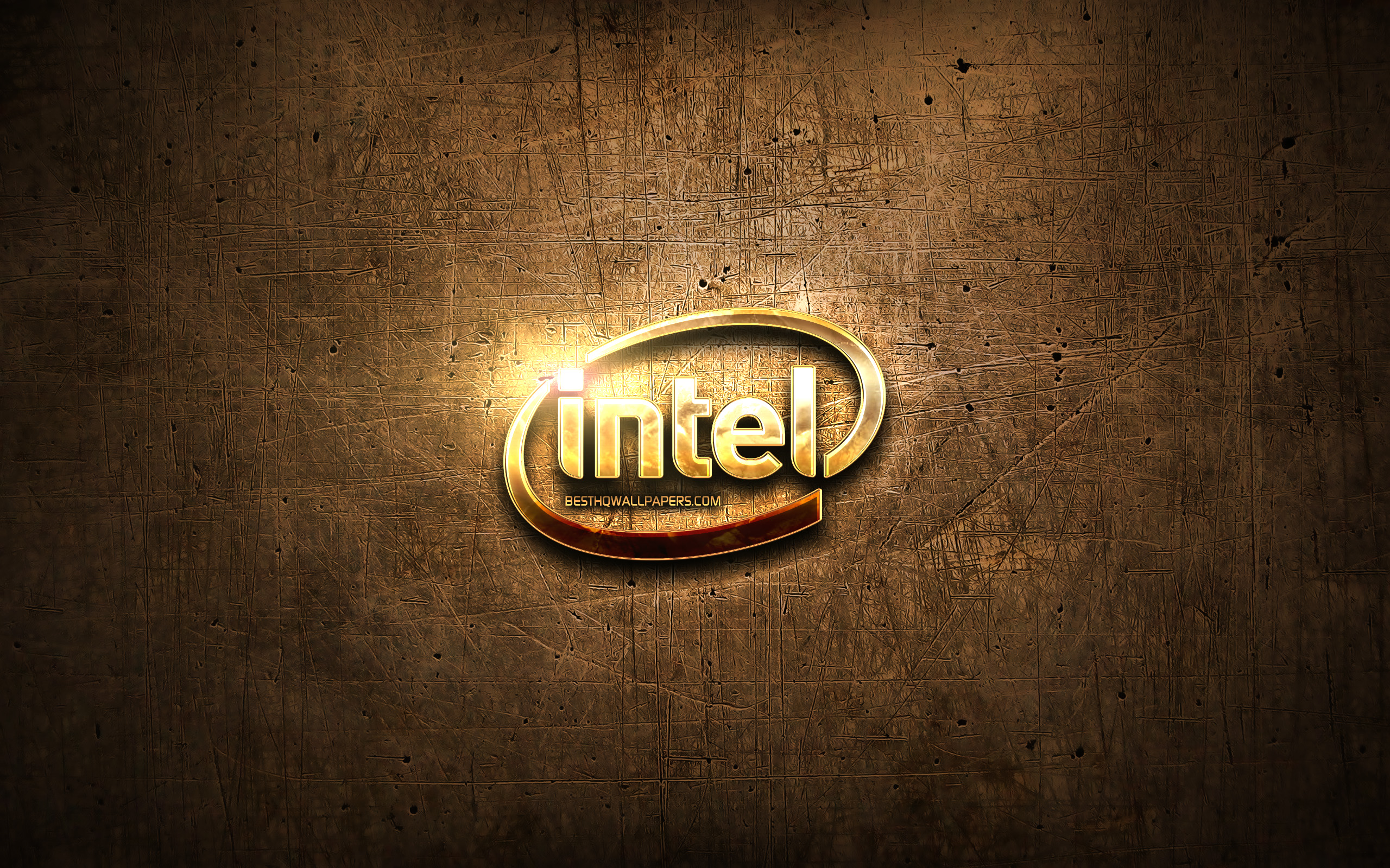 Download wallpaper Intel golden logo, artwork, brown metal background, creative, Intel logo, brands, Intel for desktop with resolution 2560x1600. High Quality HD picture wallpaper