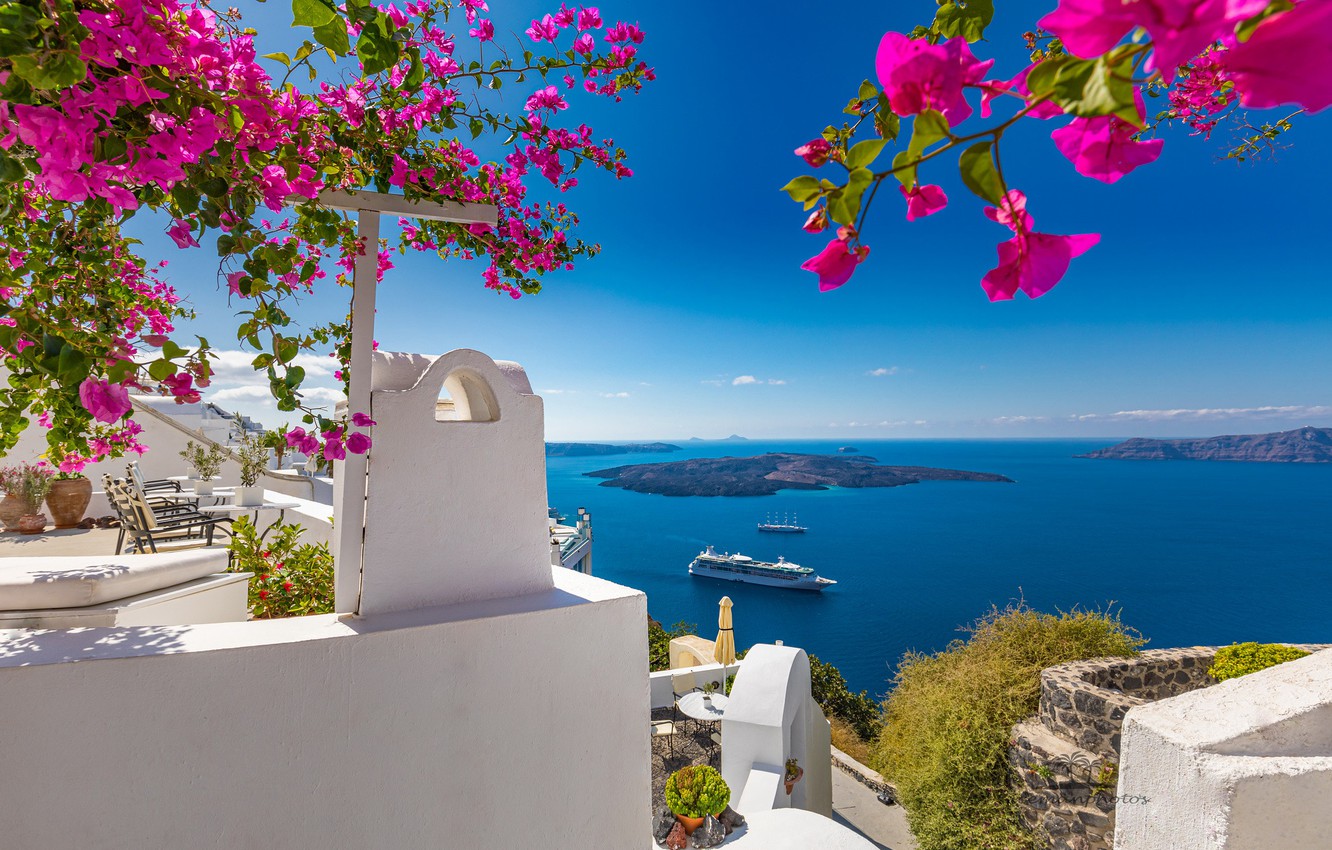 Wallpaper sea, flowers, island, Santorini, Greece, liner, terrace, Santorini, Oia, Greece, The Aegean sea, Aegean Sea, bougainvillea image for desktop, section пейзажи