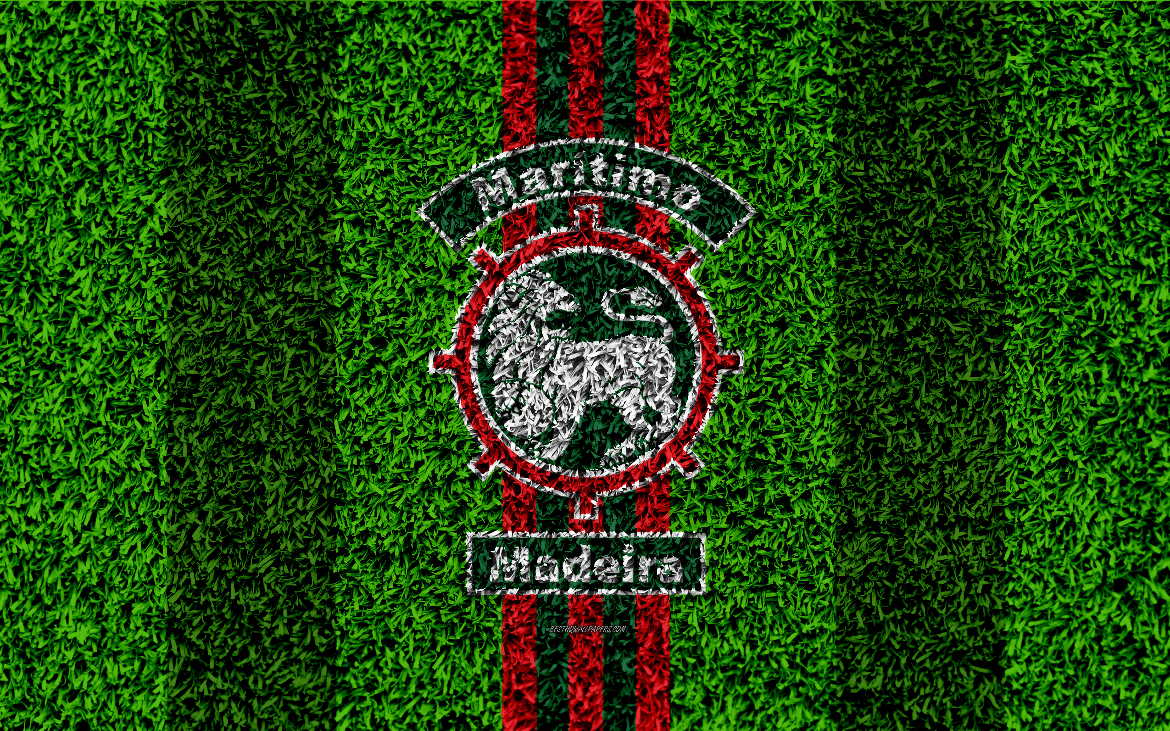 Download wallpaper Marítimo FC, 4k, logo, football lawn, Portuguese football club, red green lines, Primeira Liga, Funchal, Portugal, football, Club Sport Marítimo for desktop with resolution 3840x2400. High Quality HD picture wallpaper