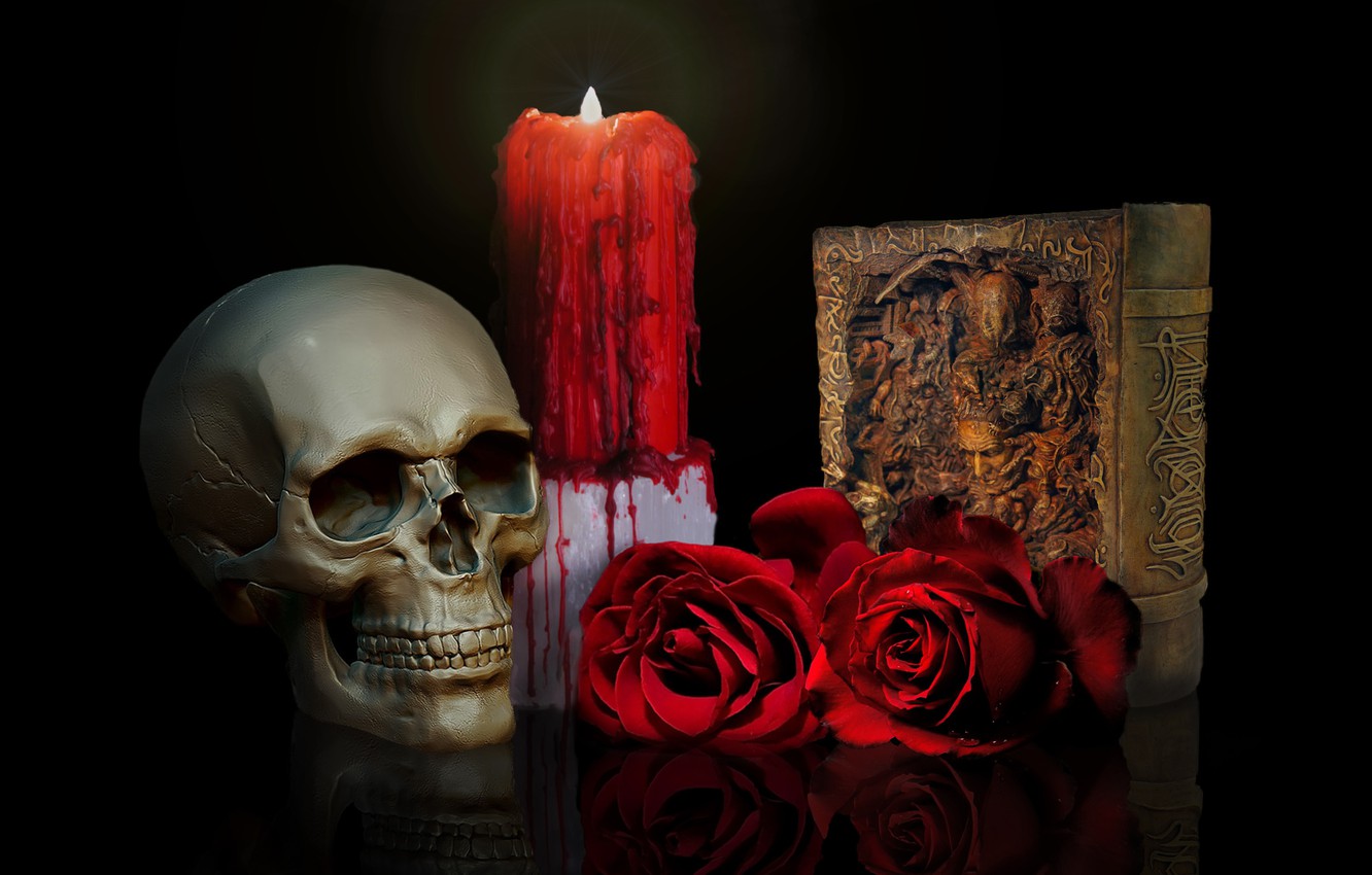Wallpaper skull, roses, candle, book image for desktop, section разное