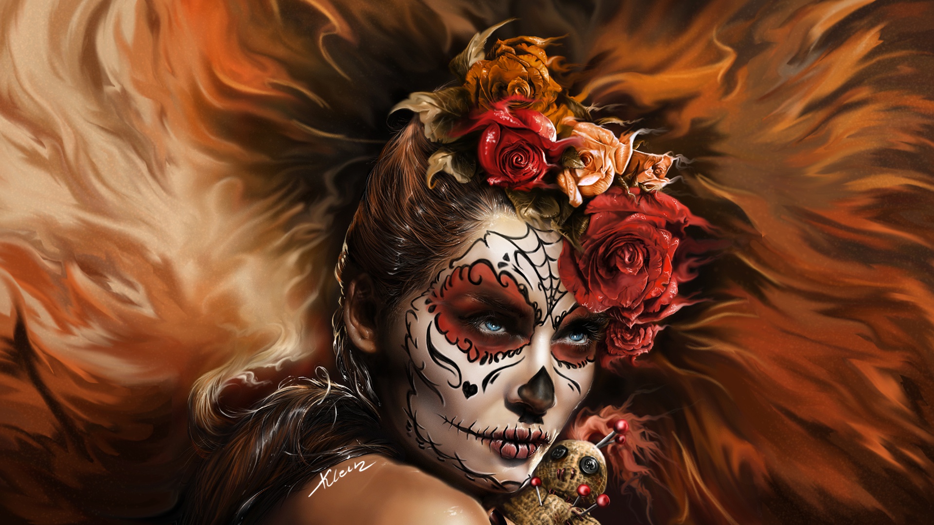 1920x1080 Flower, Blue Eyes, Sugar Skull, Girl, Face, Woman, Rose wallpaper JPG HD Wallpaper