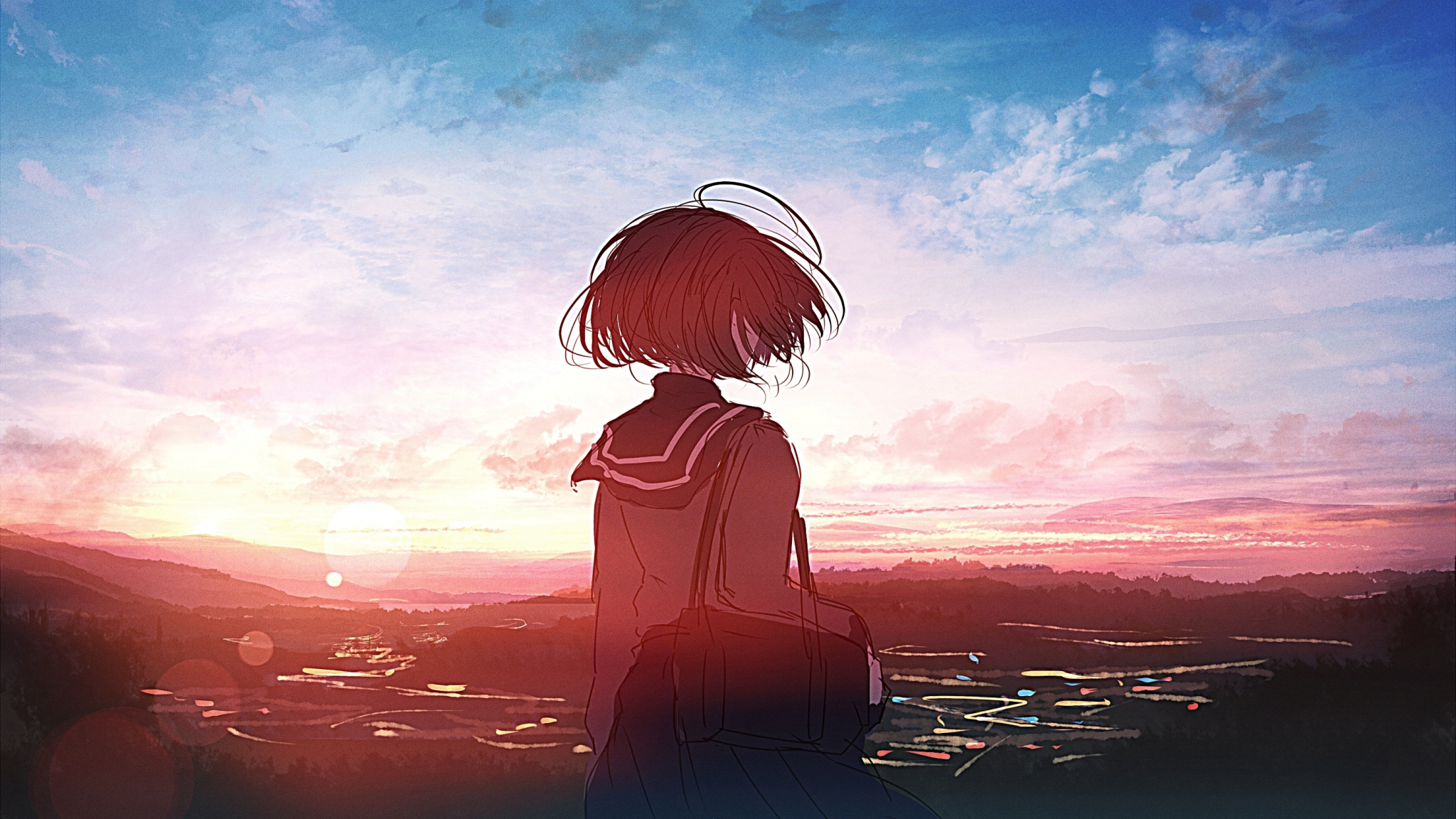 Download 2048x1152 wallpaper anime girl, sunset, outdoor, art, dual wide, widescreen, 2048x1152 HD image, background, 22937
