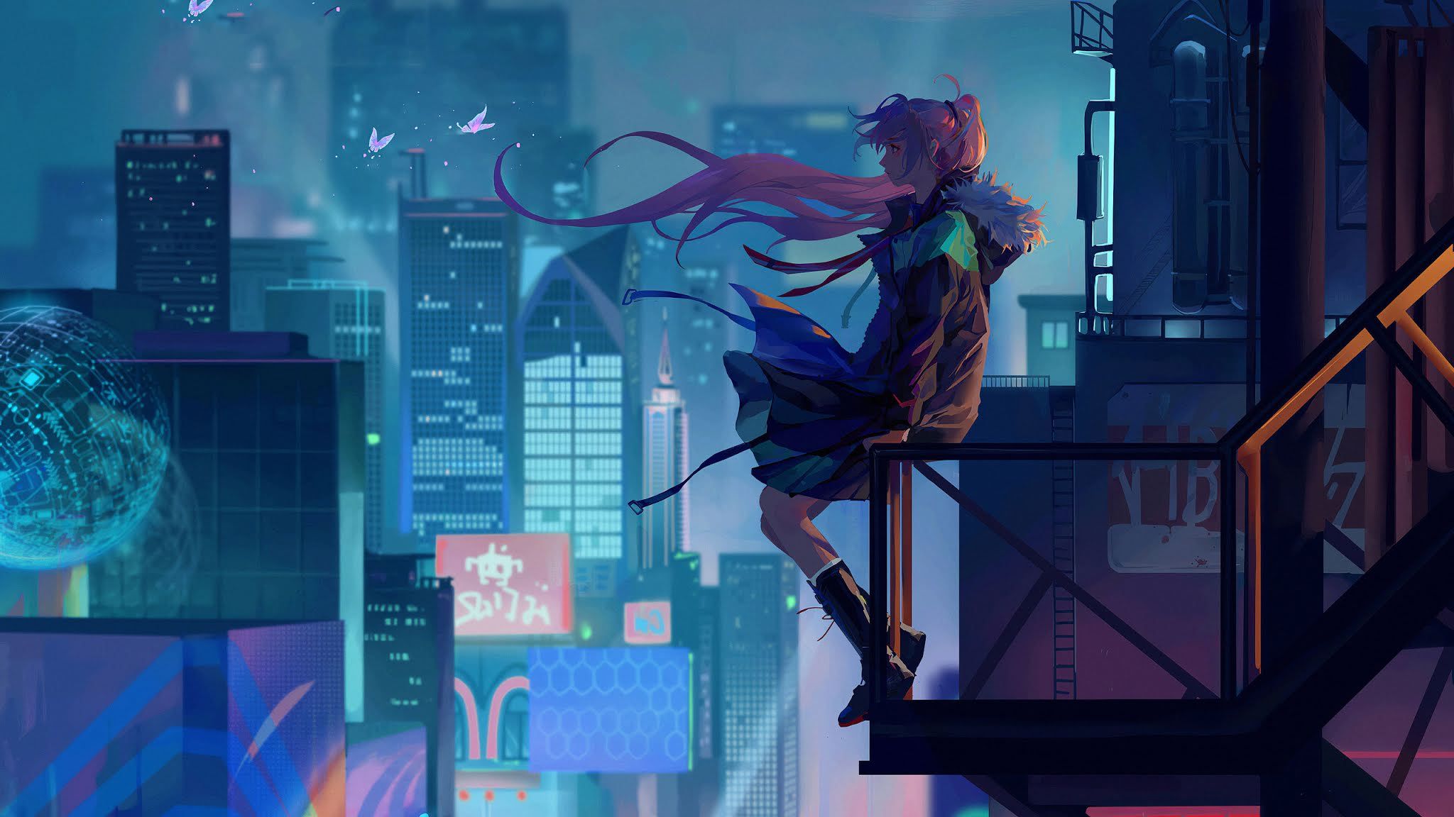Anime Anime Girls Night Futuristic City Butterflies Blue Cyan Wallpaper:2048x1152