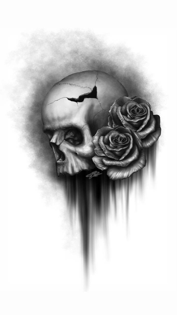 Black Skull with Rose Wallpaper
