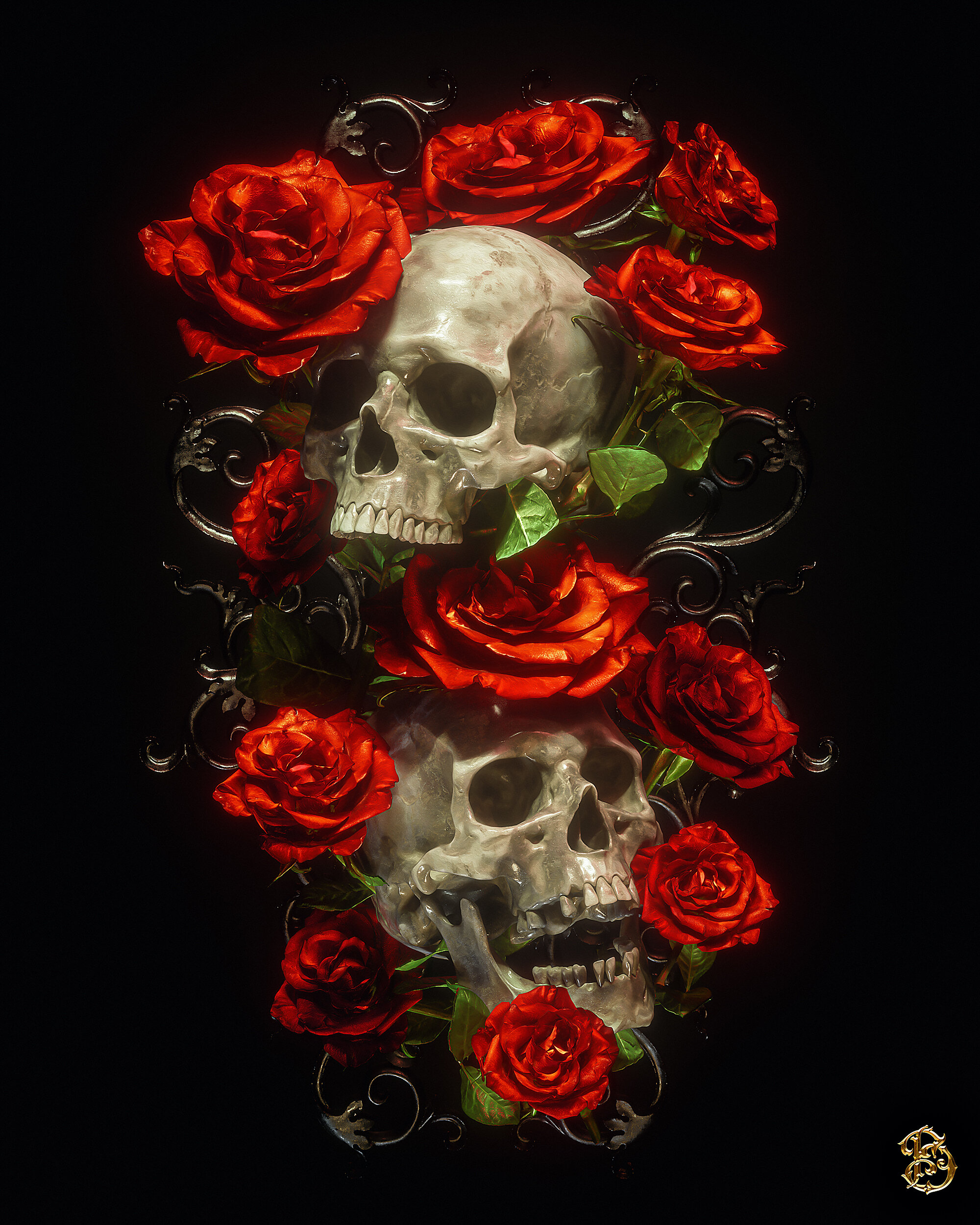 Billelis Dark Religion Death Skull Flowers Red Roses Wallpaper:2000x2500