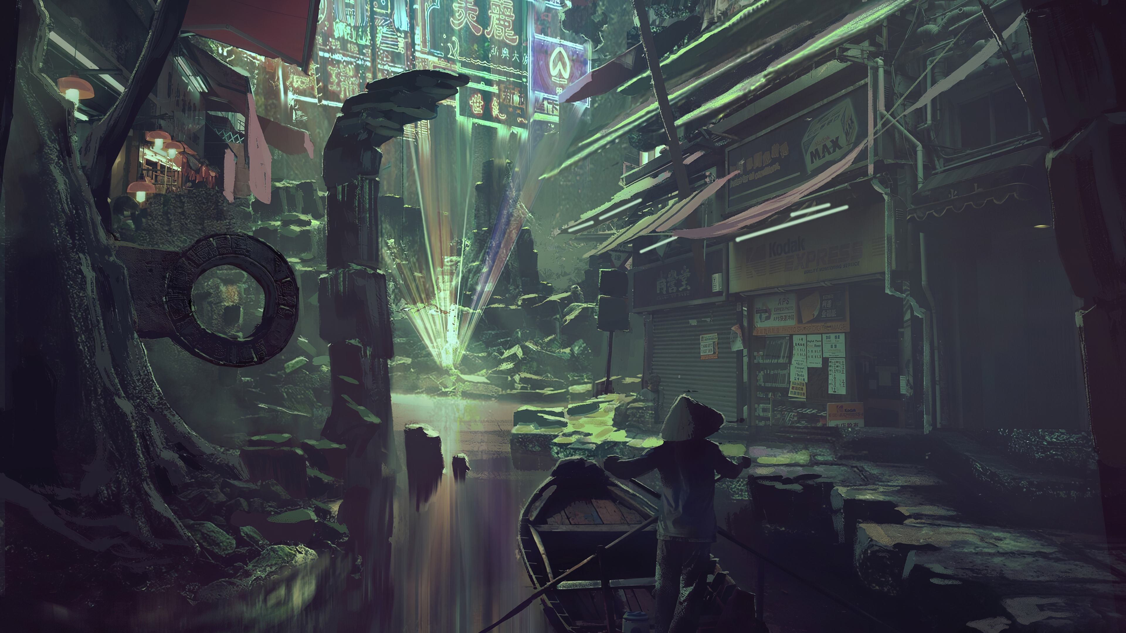 Wallpaper 4k Cyberpunk Market Set In Ancient Ruins Wallpaper