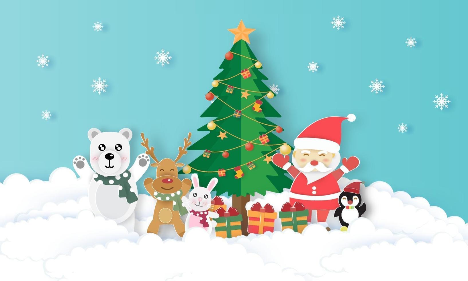 Christmas banner with a cute Santa clause and friends in paper cut