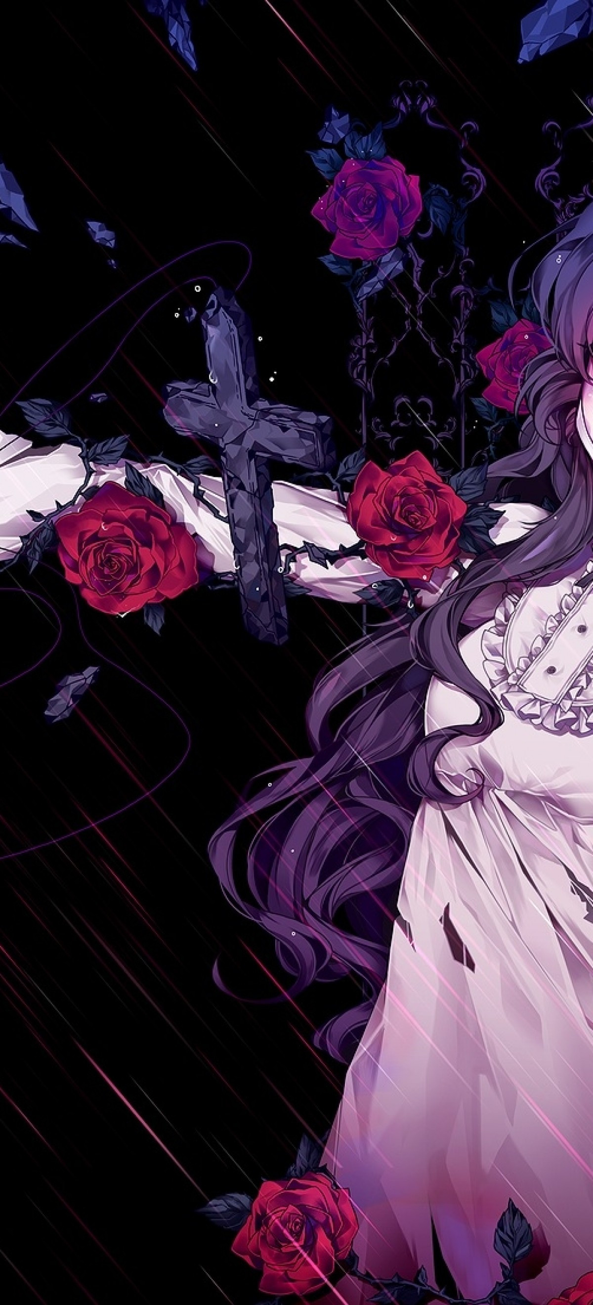 Download 1200x2640 Anime Girl, Sad Expression, Roses, Lolita, Purple Hair Wallpaper for Huawei P40 Pro