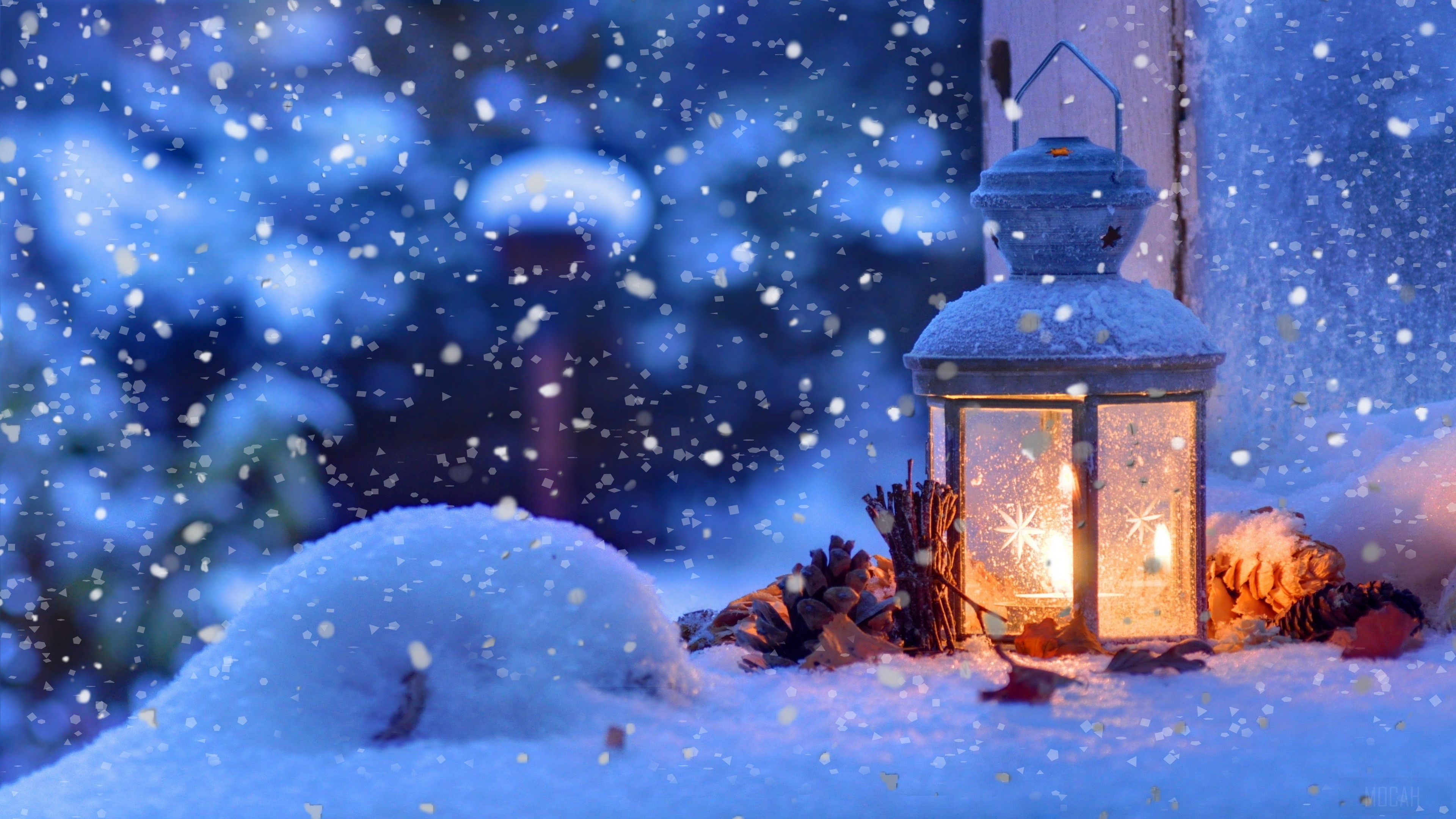 Christmas, Lantern, Snowfall, Snowflake, Winter 4k wallpaper HD Wallpaper