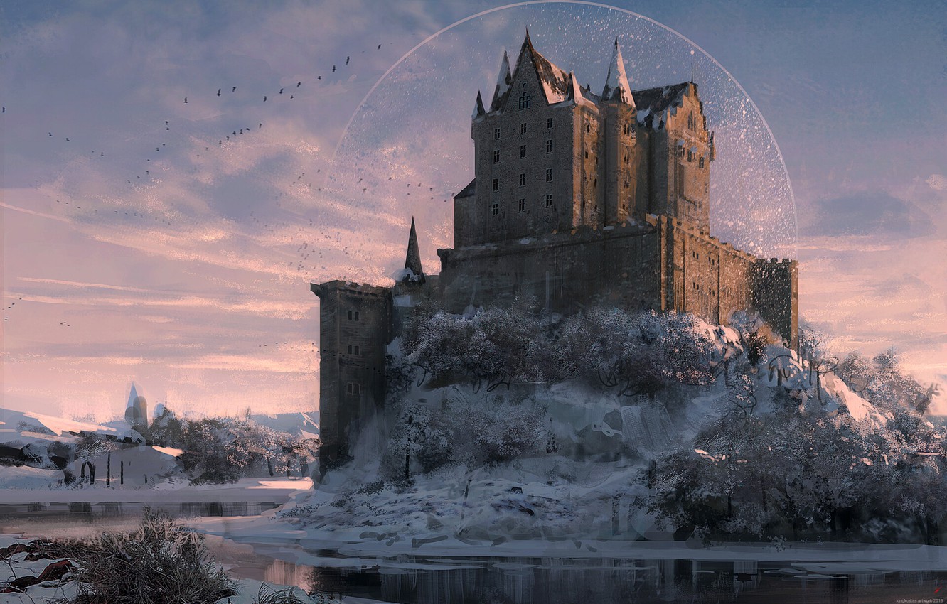 Wallpaper snow, birds, castle, pond, Winter Castle image for desktop, section рендеринг