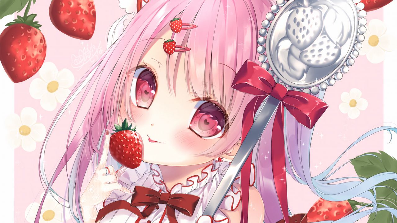 Wallpaper girl, glance, strawberry, pink, anime hd, picture, image