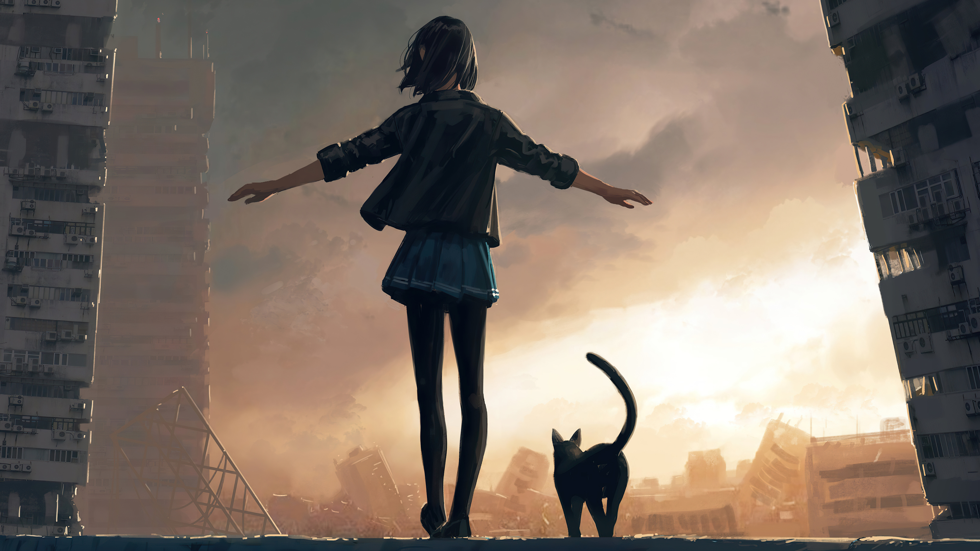 Girl Walking With Cat On Roof Wall 4k, HD Artist, 4k Wallpaper, Image, Background, Photo and Picture