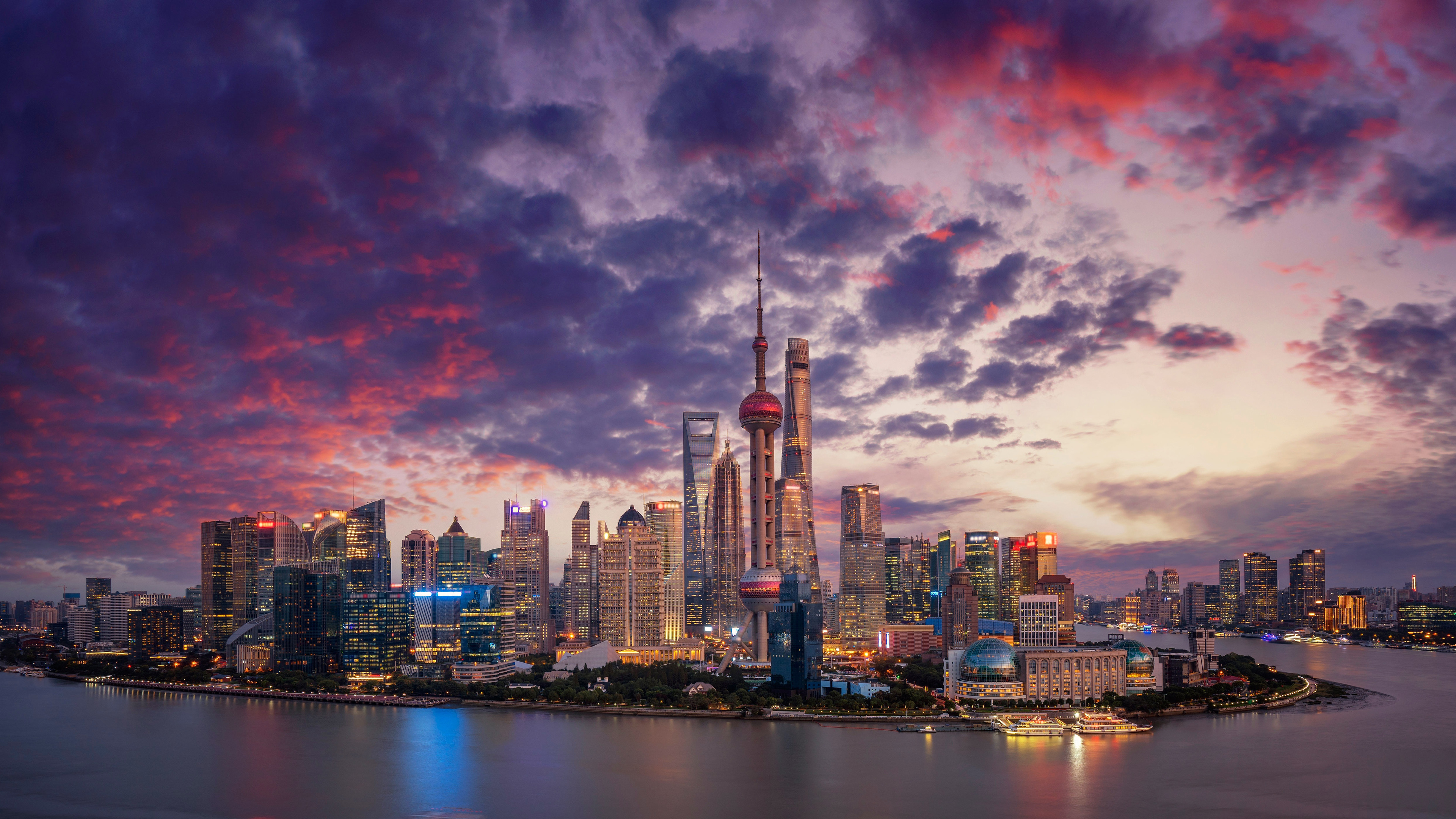Aerial view of Shanghai city skyline and skyscrapers 4k Ultra HD Wallpaper