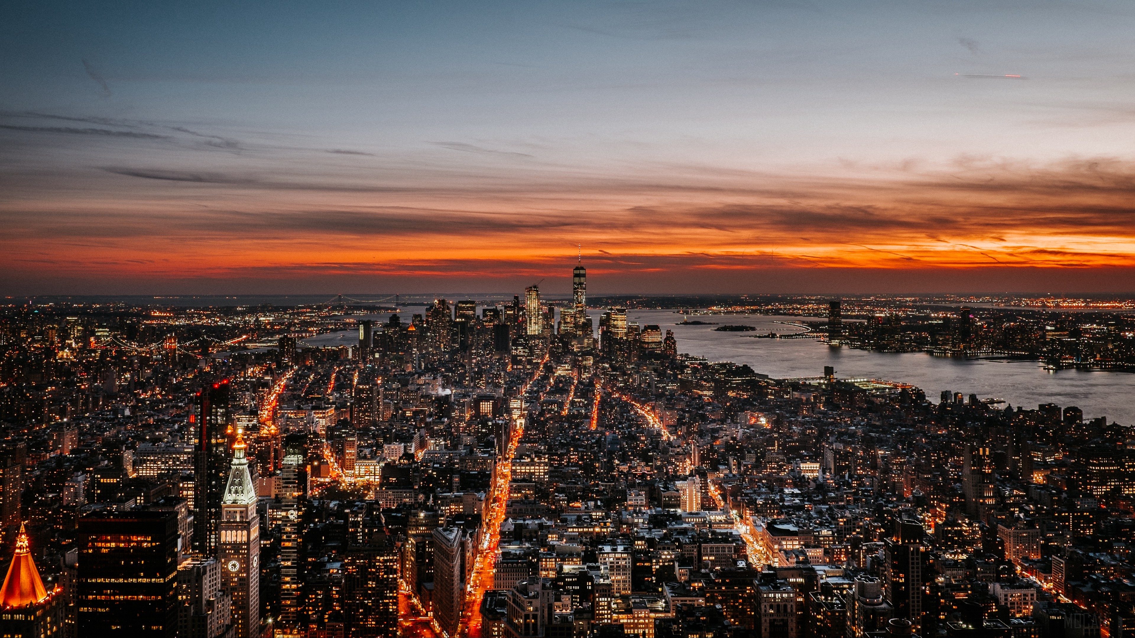 new york, night city, skyline, sky, dusk, sunset 4k wallpaper HD Wallpaper