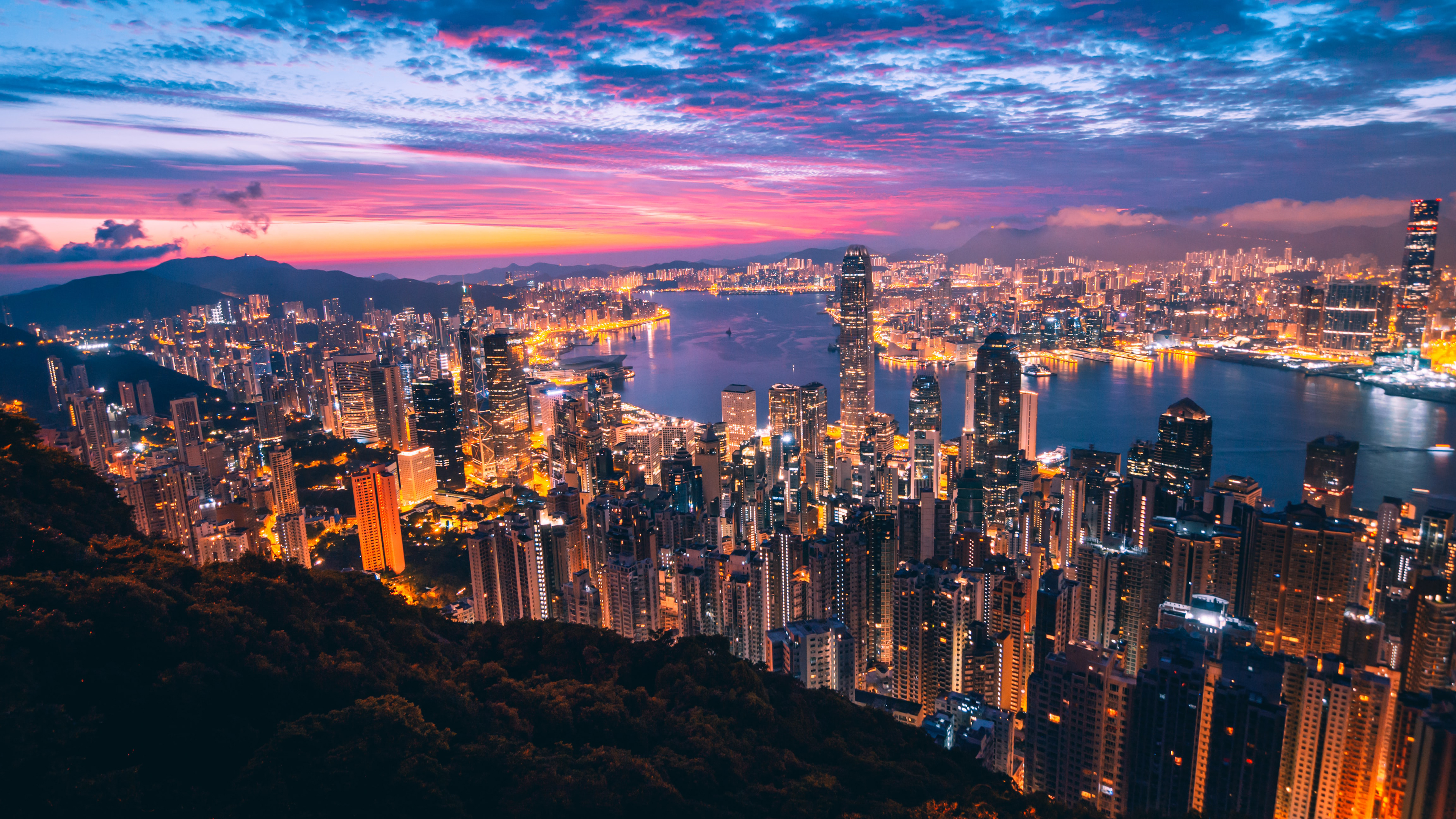 Hong Kong, Cityscape, Night, City lights, Metropolitan, Twilight, Skyline, 4k Free deskk wallpaper, Ultra HD