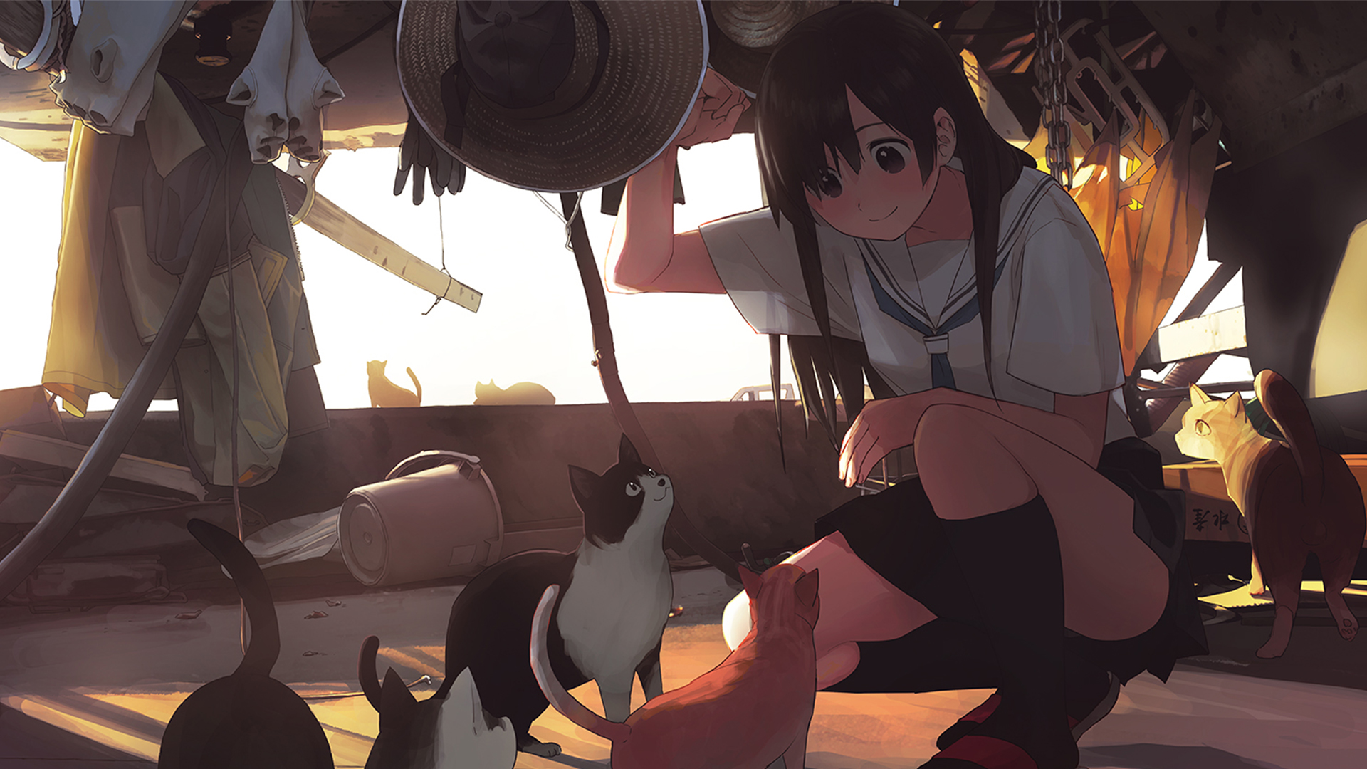 1920x1080 Cat, Girl, Anime wallpaper JPG