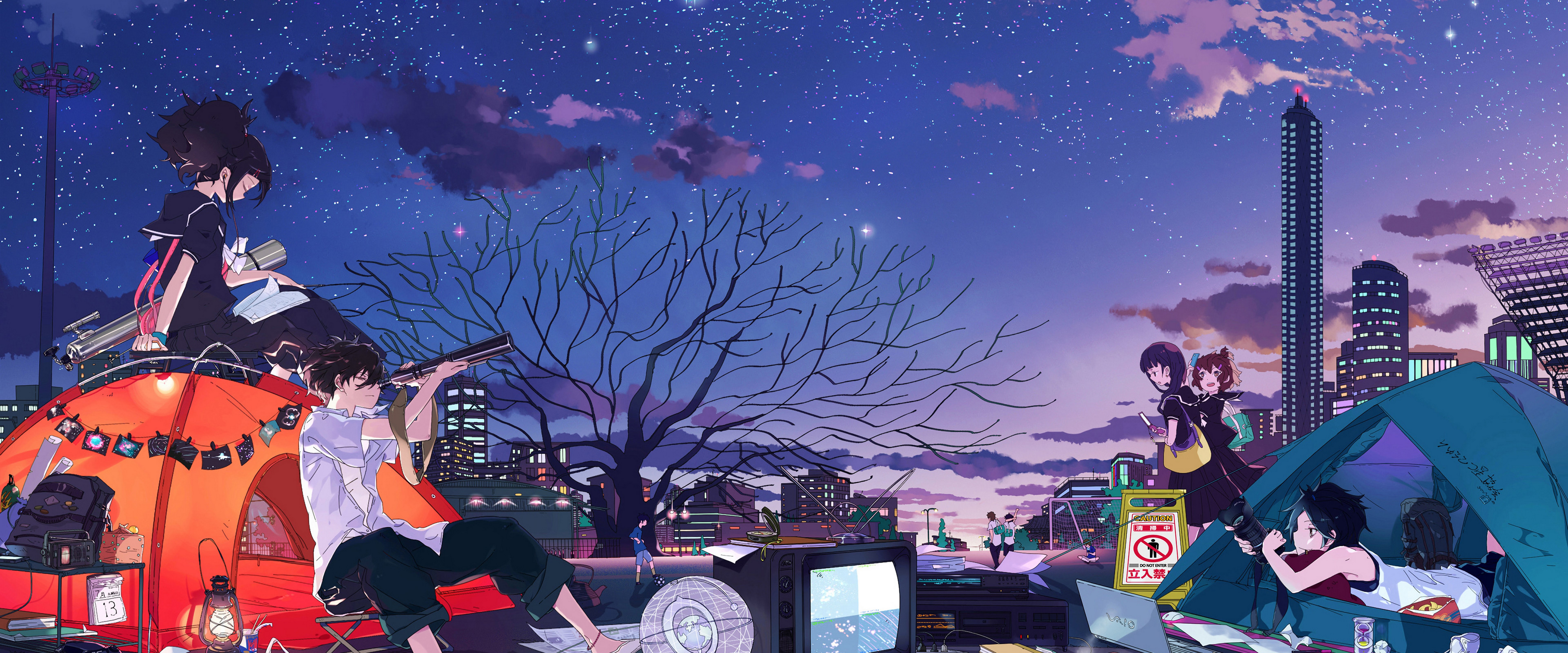 Anime Students Camping Night Sky Stars 4K Wallpaper