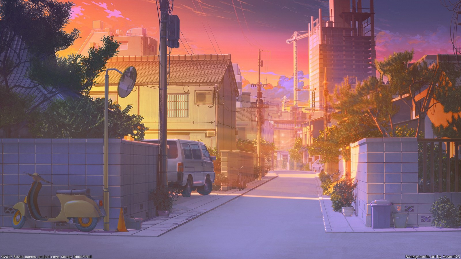 Download 1600x900 Anime Street, Scenic, Sunset, Buildings, Car, Wall Wallpaper