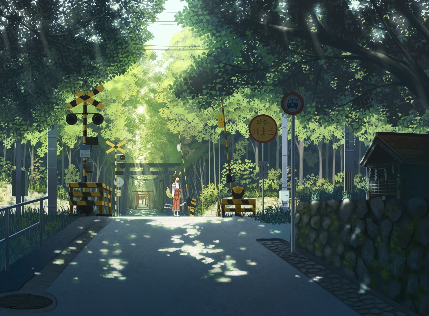 Wallpaper Anime Street, Sunlight, Miko, Anime Girl, Trees:1500x1105
