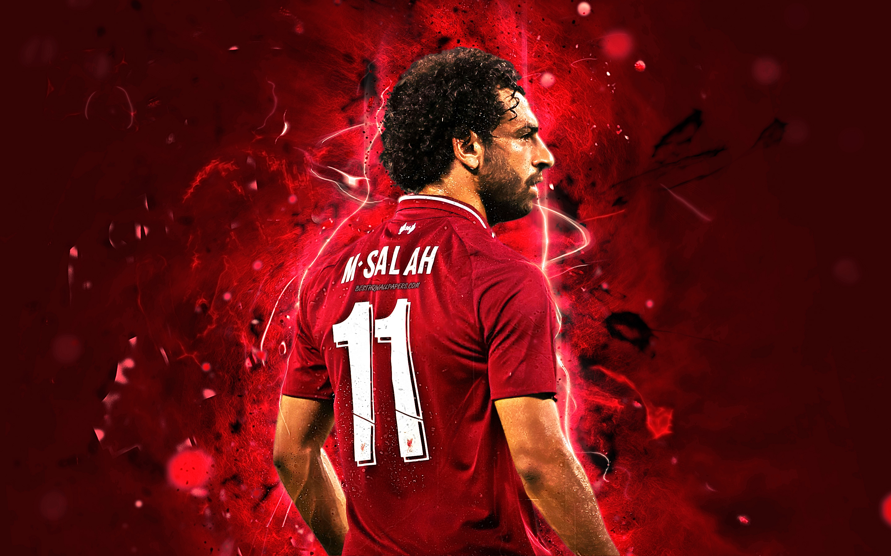 Download wallpaper Mohamed Salah, back view, Liverpool FC, egyptian footballers, Salah, Premier League, LFC, abstract art, Mo Salah, soccer, neon lights for desktop with resolution 2880x1800. High Quality HD picture wallpaper