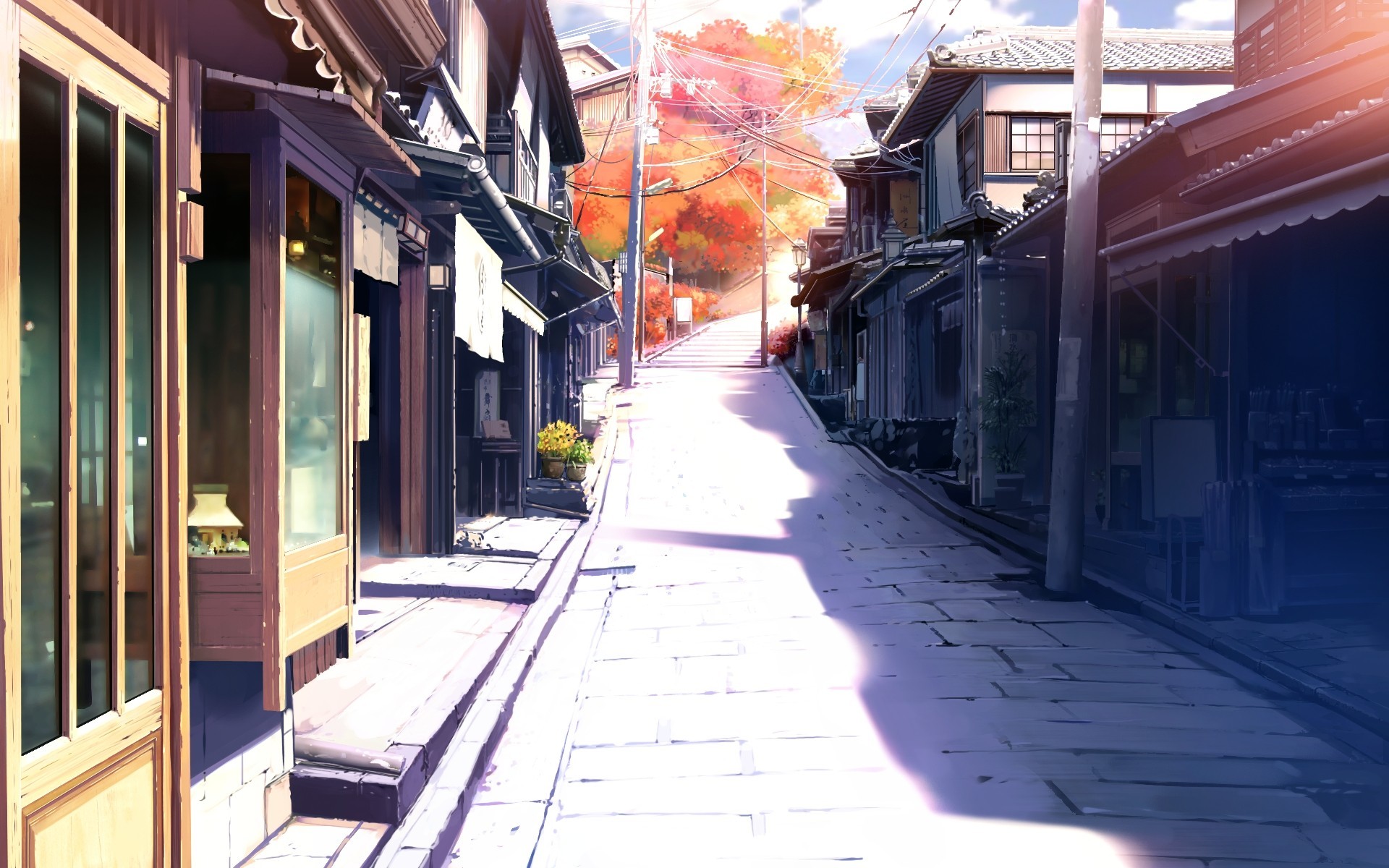 Wallpaper, landscape, drawing, fall, city, street, architecture, anime, vehicle, road, transport, infrastructure, color, alley, lane, urban area, neighbourhood, residential area 1920x1200