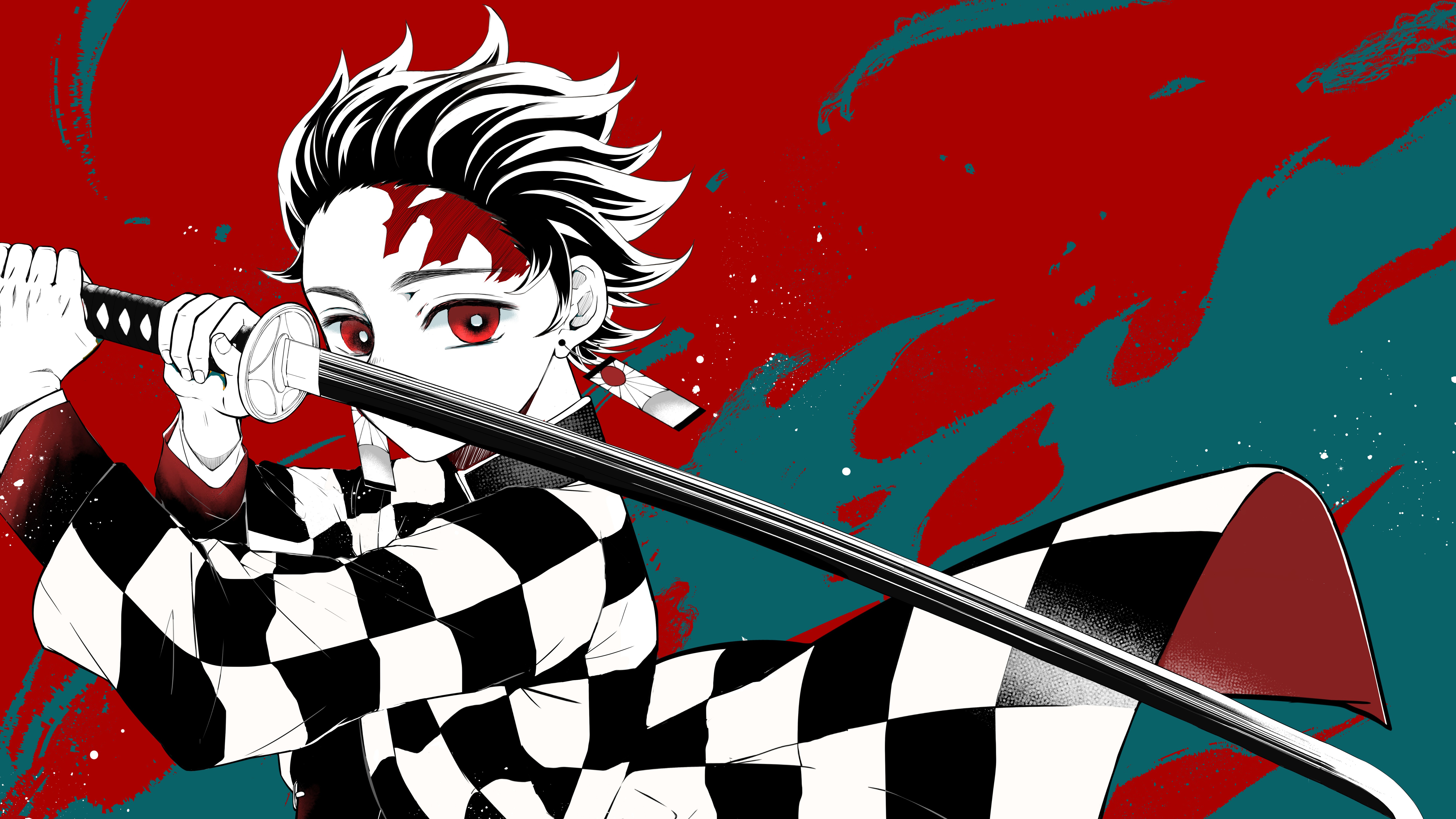 Demon Slayer Tanjirou Kamado Wearing Black And White Checked Dress With Red Eyes Having Sword With Background Of Red And Green 4K 8K HD Anime Wallpaper