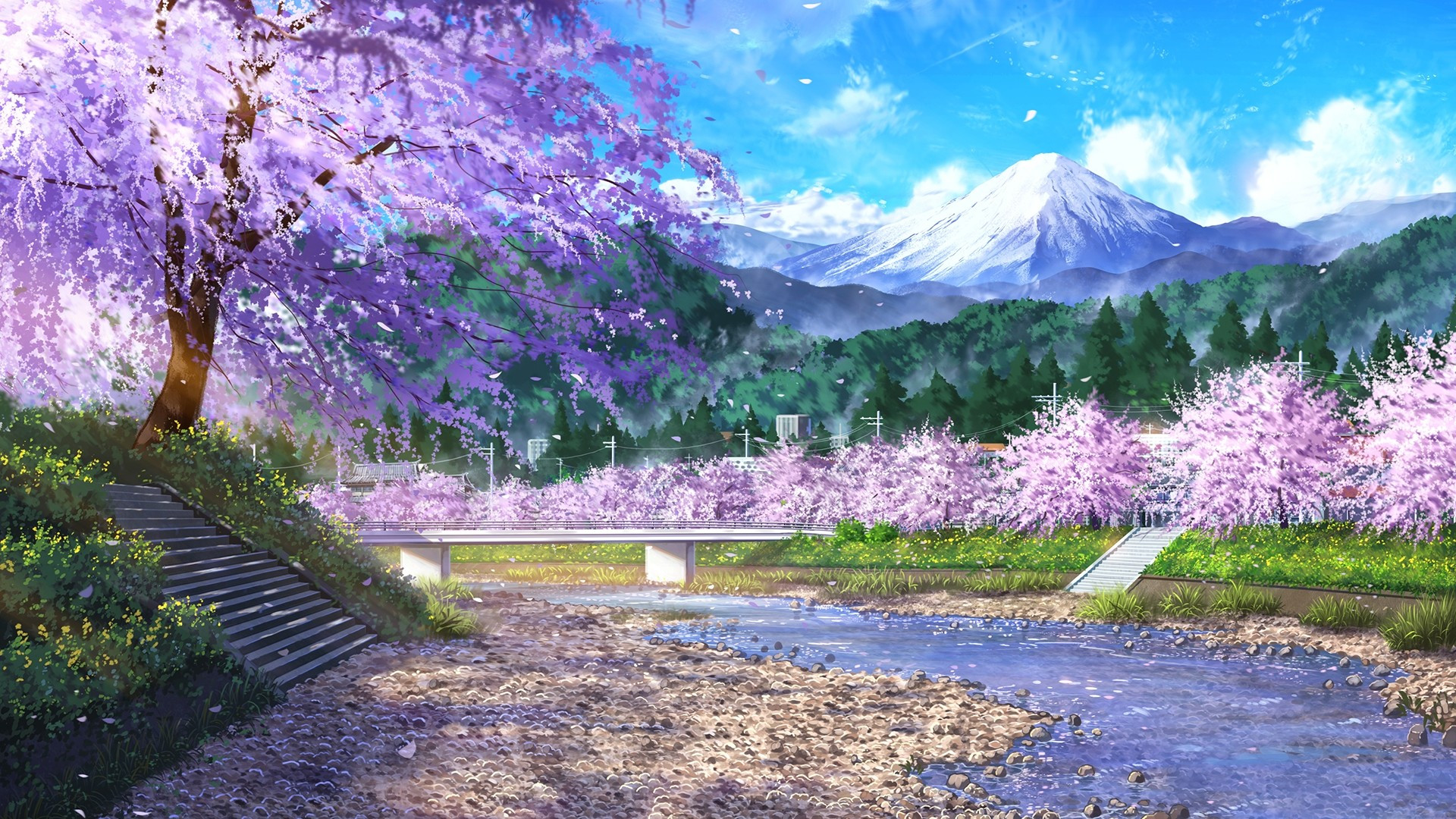 Download 1920x1080 Anime Landscape, Flowers, Scenic, Cherry Blossom, Stairs, River Wallpaper for Widescreen