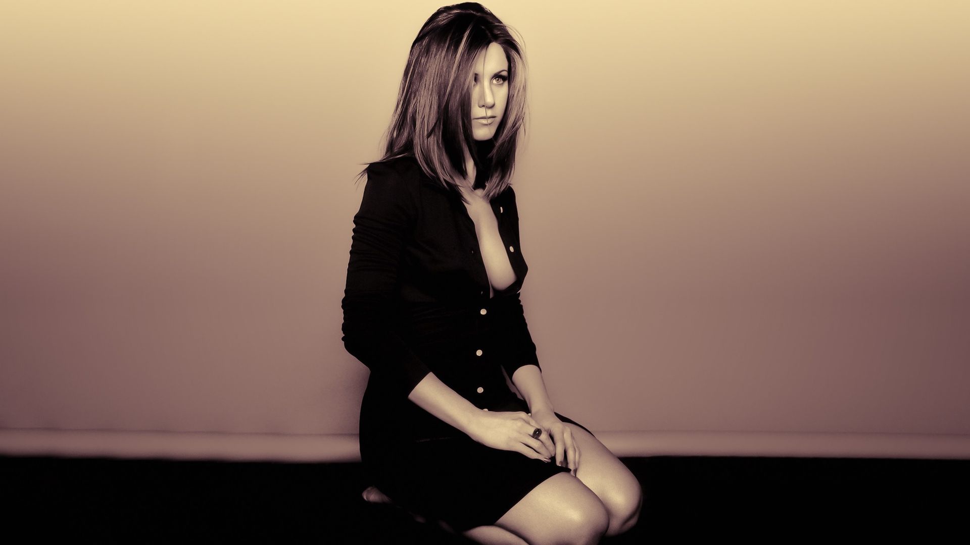 Wallpaper, actress, simple background, cleavage, women indoors, kneeling, Jennifer Aniston, sideboob, sepia 1920x1080