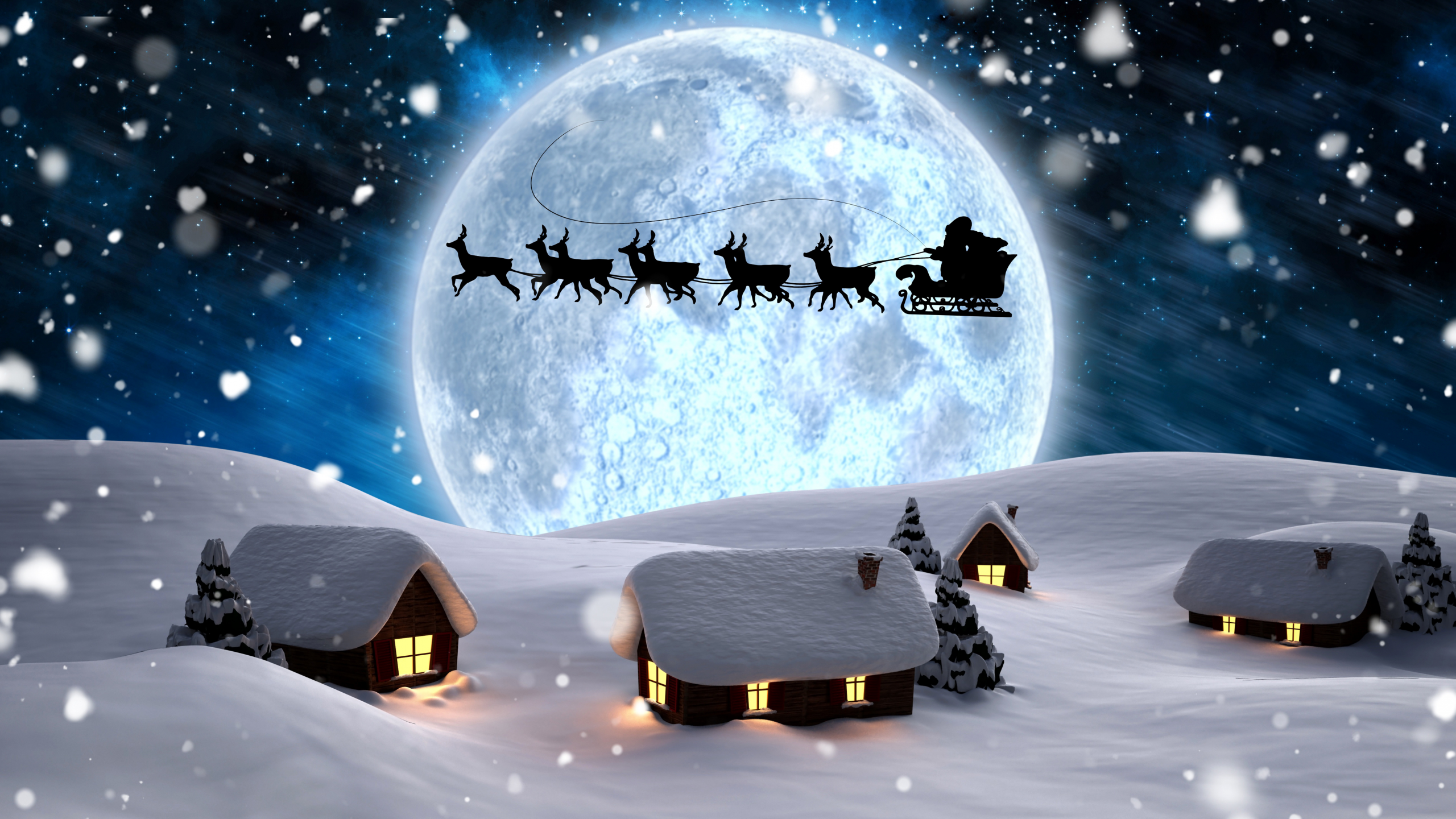 Download 2560x1440 3D graphics, winter, holidays, christmas, night, snow, moon, reindeer, santa, new year Wallpaper