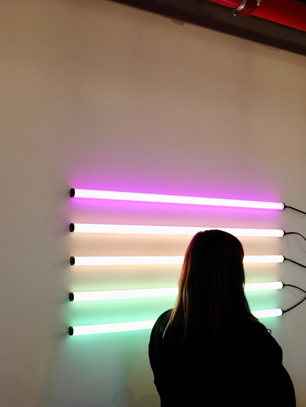 Woman Beside Wall Of Turned On Assorted Color Fluorescent Tubes Photo