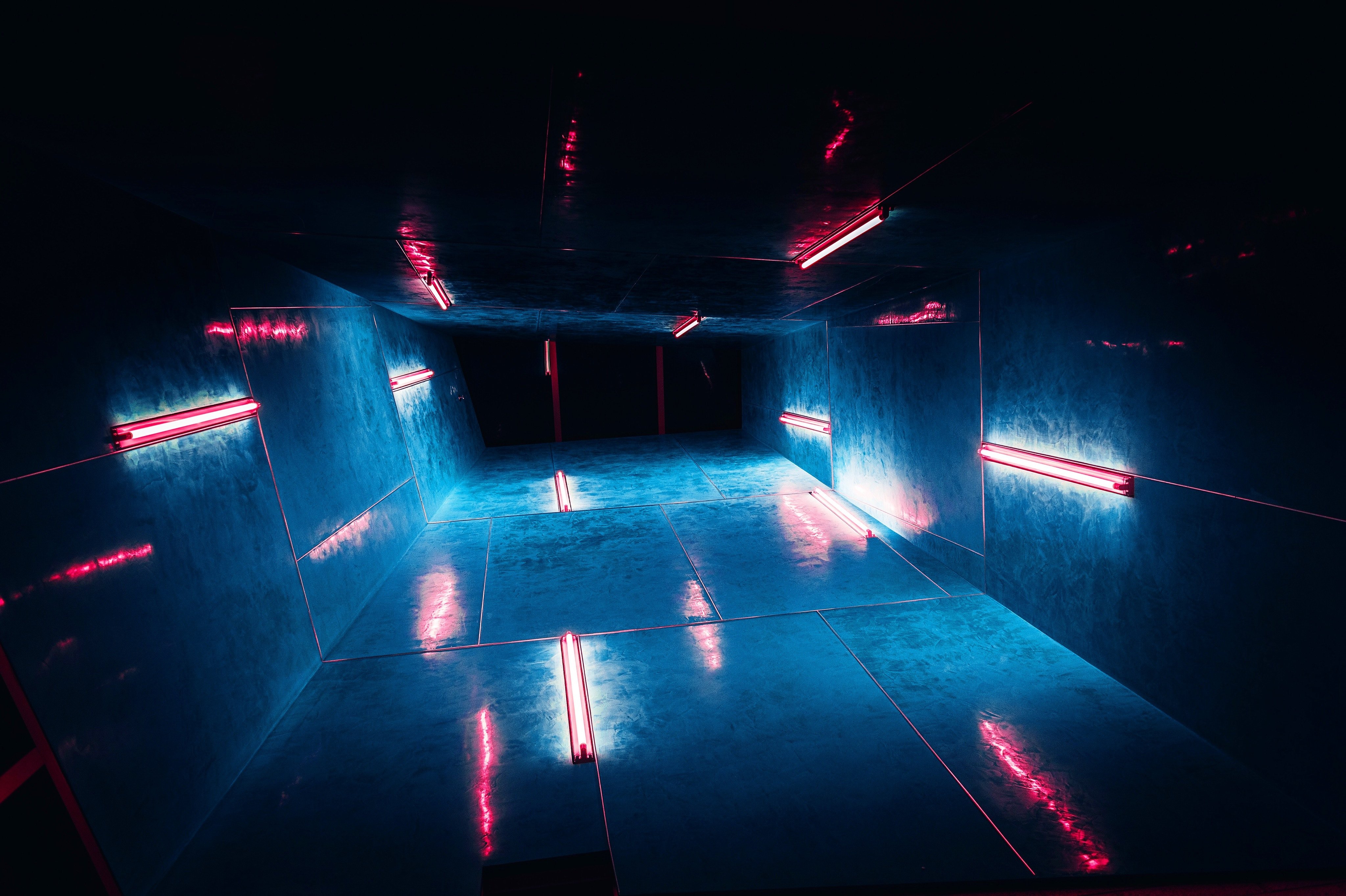4096x2726 #metal, #light, #lonely, #tube lighting, #eerie, #aesthetic, #vibe, #concrete, #horror, #no person, #PNG image, #tunnel, #night, #dark, #evening, #color, #cool, #tron, #red, #blue Gallery HD Wallpaper