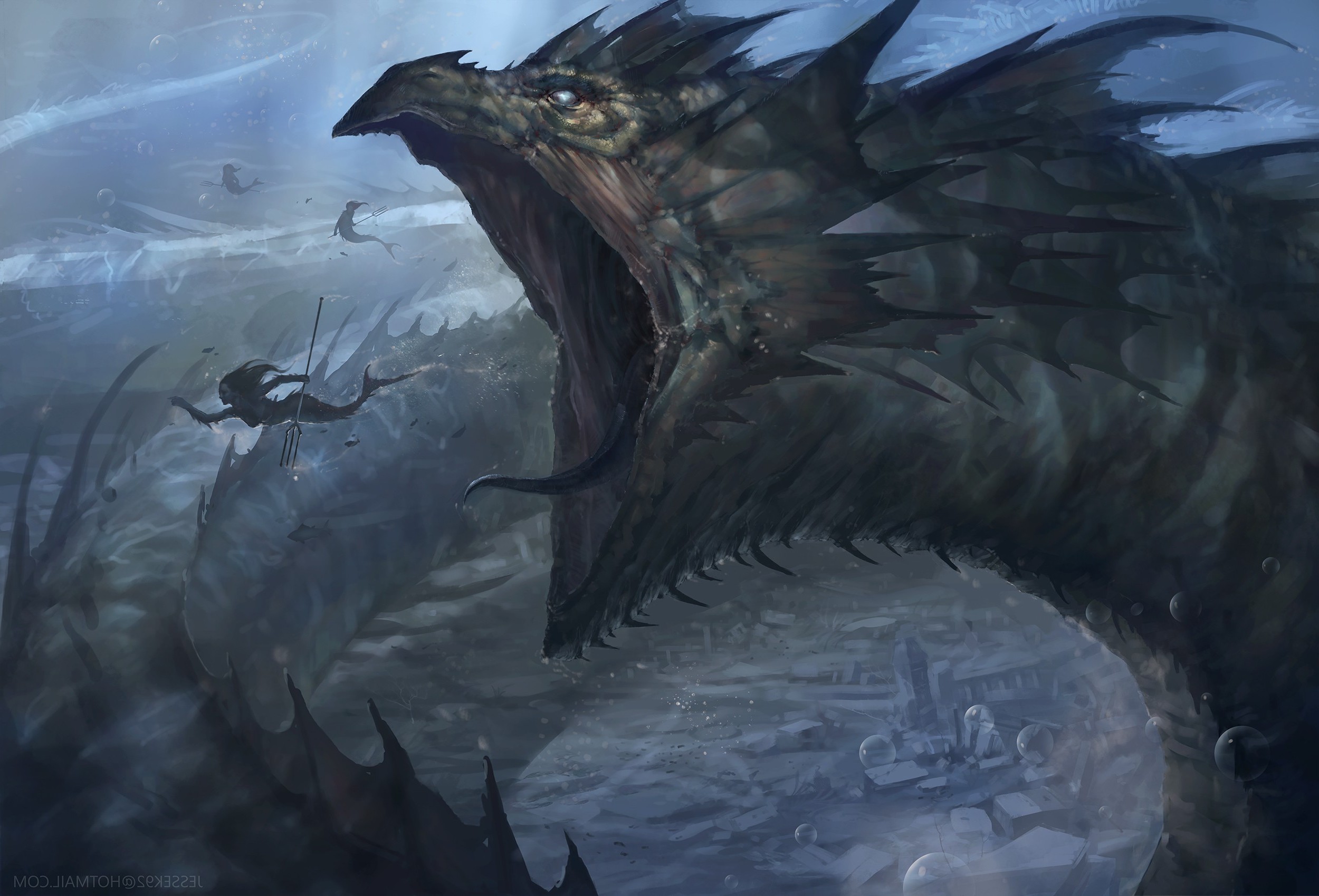 Wallpaper, fantasy art, dragon, leviathan, ghost ship, wing, screenshot, fictional character, mythical creature, 2500x1699 px 2500x1699