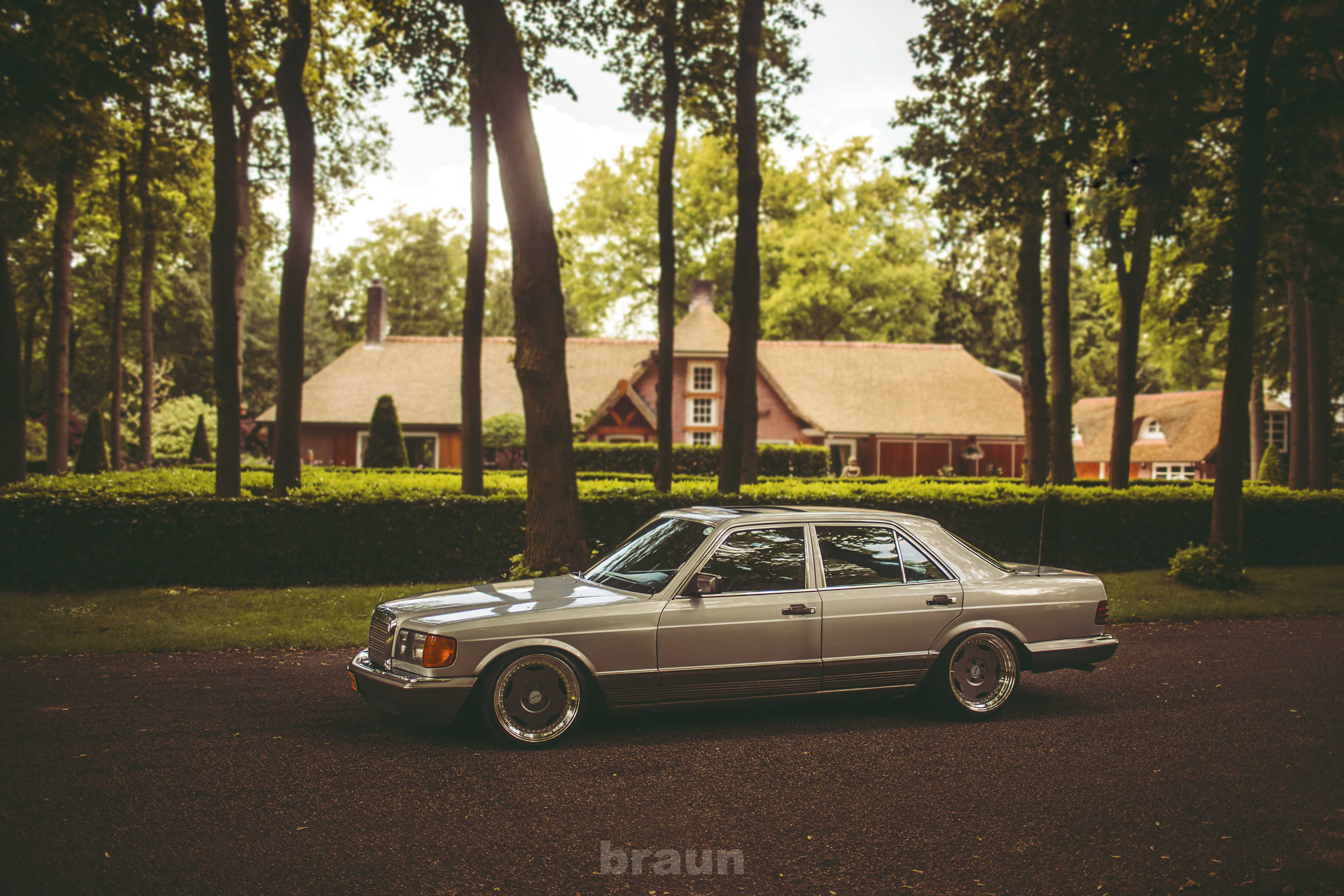 Wallpaper, Stance, static, performance car, Sedan, Benz, villa, hilversum, class, stanced, automotive design, automotive exterior, family car, compact car, motor vehicle, personal luxury car, road trip, braun, full size car, sklasse