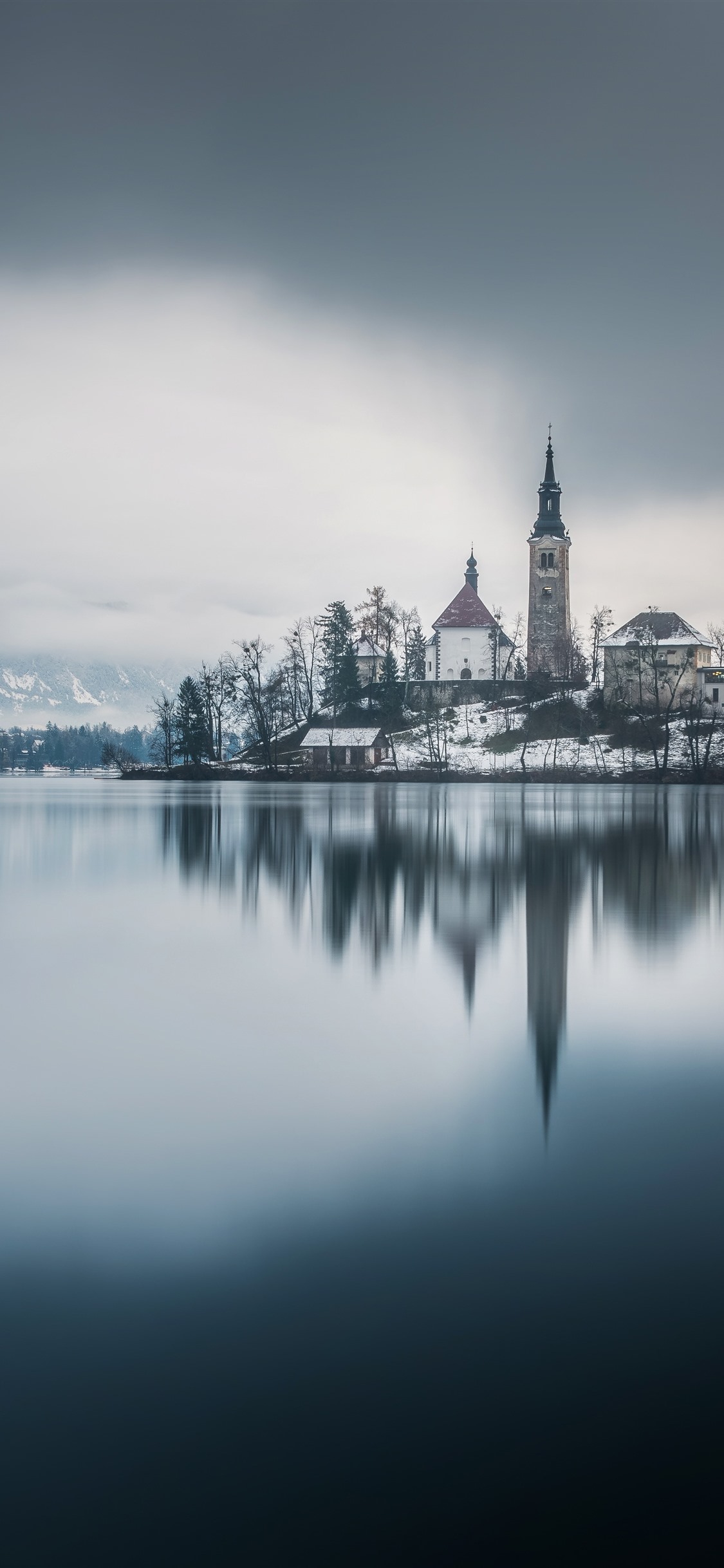 Church, Bled, Slovenia, Lake, Trees, Snow, Winter 1125x2436 IPhone 11 Pro XS X Wallpaper, Background, Picture, Image