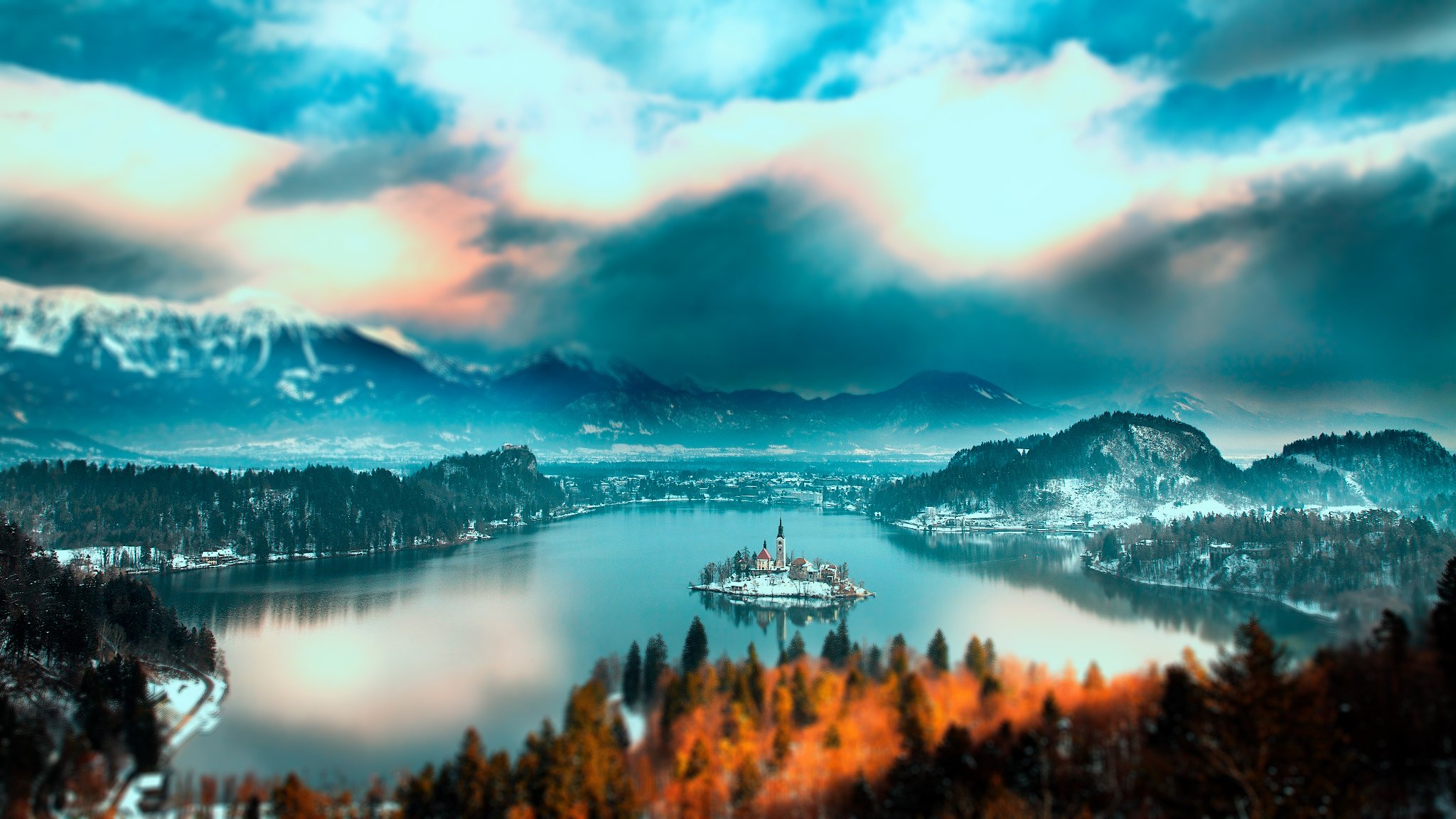 slovenia, Bled, Lake, Slovenia, Lake, Bled, Mountain, Forest, Trees, Island, Church, Home, Lake, Water, Snow, Winter, Sky, Clouds, Landscape, Nature Wallpaper HD / Desktop and Mobile Background