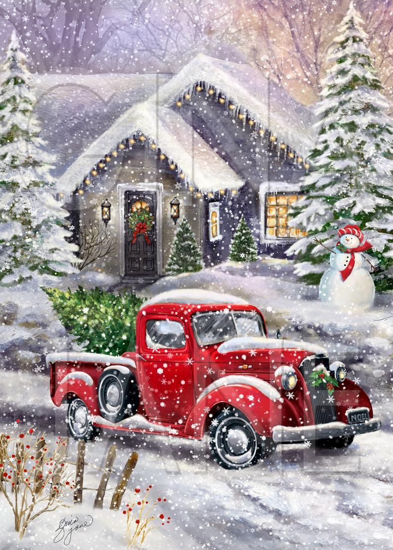 Vintage Christmas Red Truck Tree Decor Wreath Sign Digital. Etsy. Christmas red truck, Christmas scenery, Christmas scenes