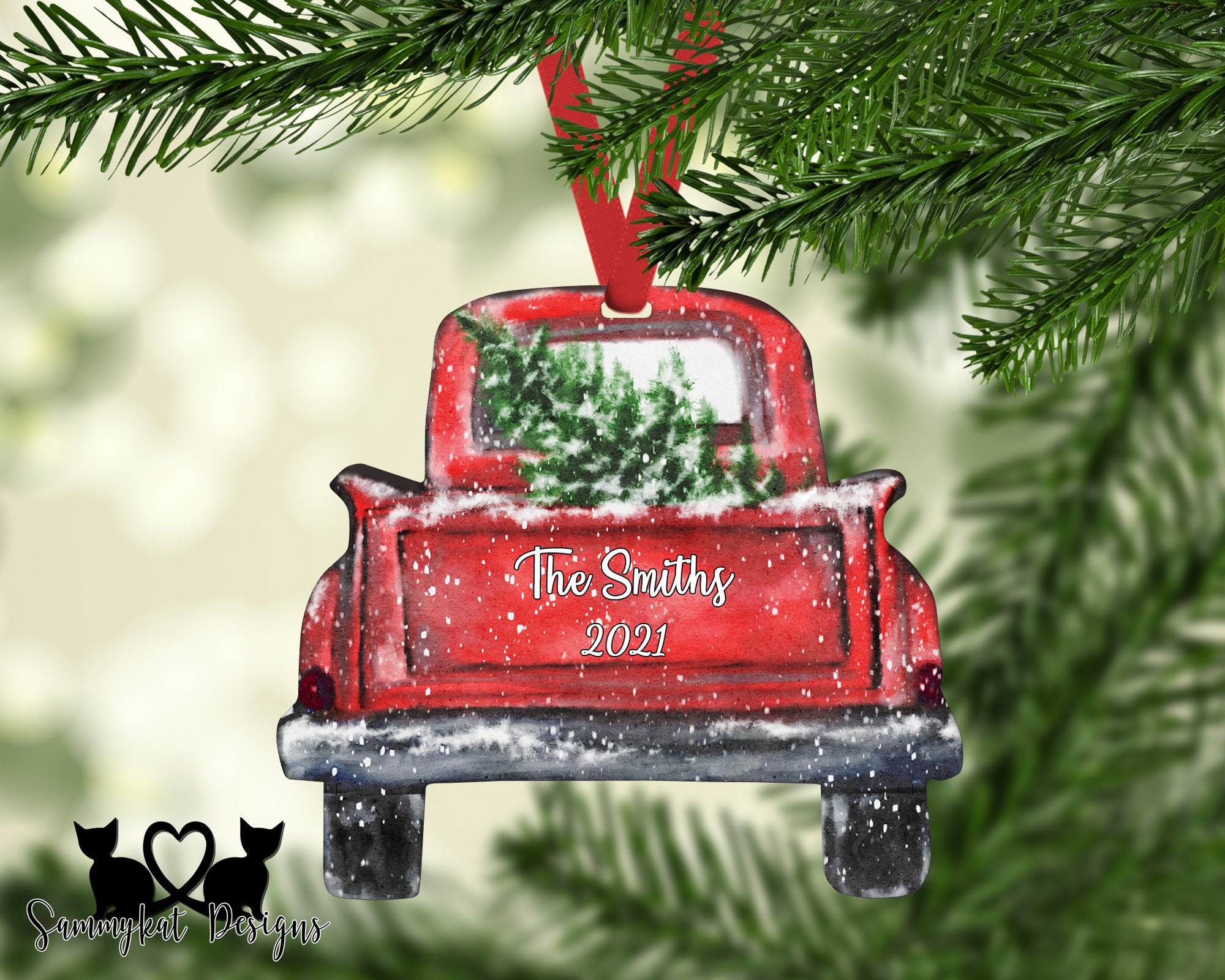 Personalized Snow Red Truck Christmas Ornament/ Double Sided