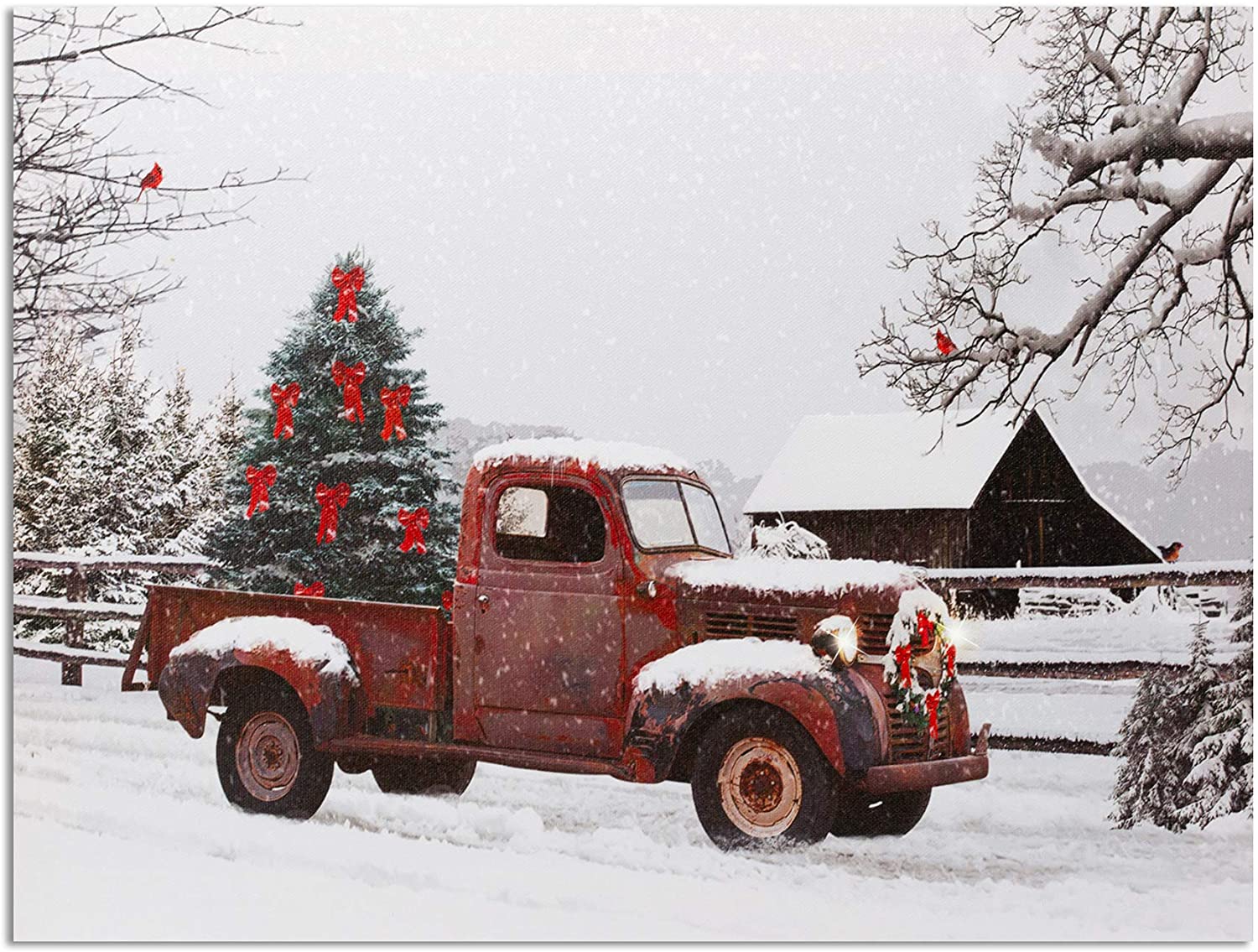 Lighted Vintage Red Truck Canvas Wall Art Picture With Christmas Tree And Old Fashioned Red Pick Up Truck Winter Scene And Farmstead Setting: Posters & Prints