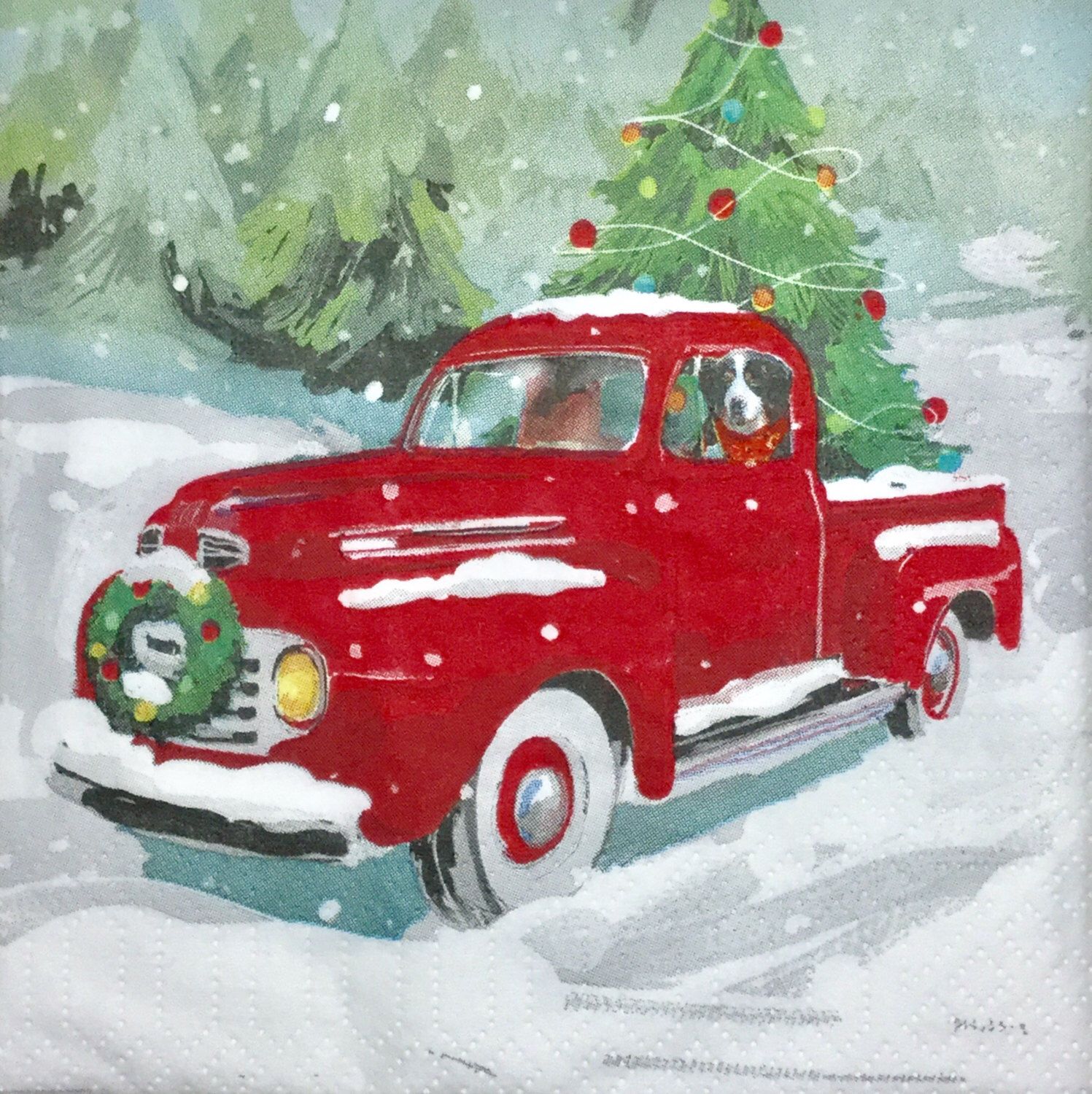 Decoupage Holiday Napkins, Set of Vintage Red Pickup Truck Dog Snow Christmas, 10 x 10 unfolde. Red christmas cards, Christmas red truck, Christmas paintings