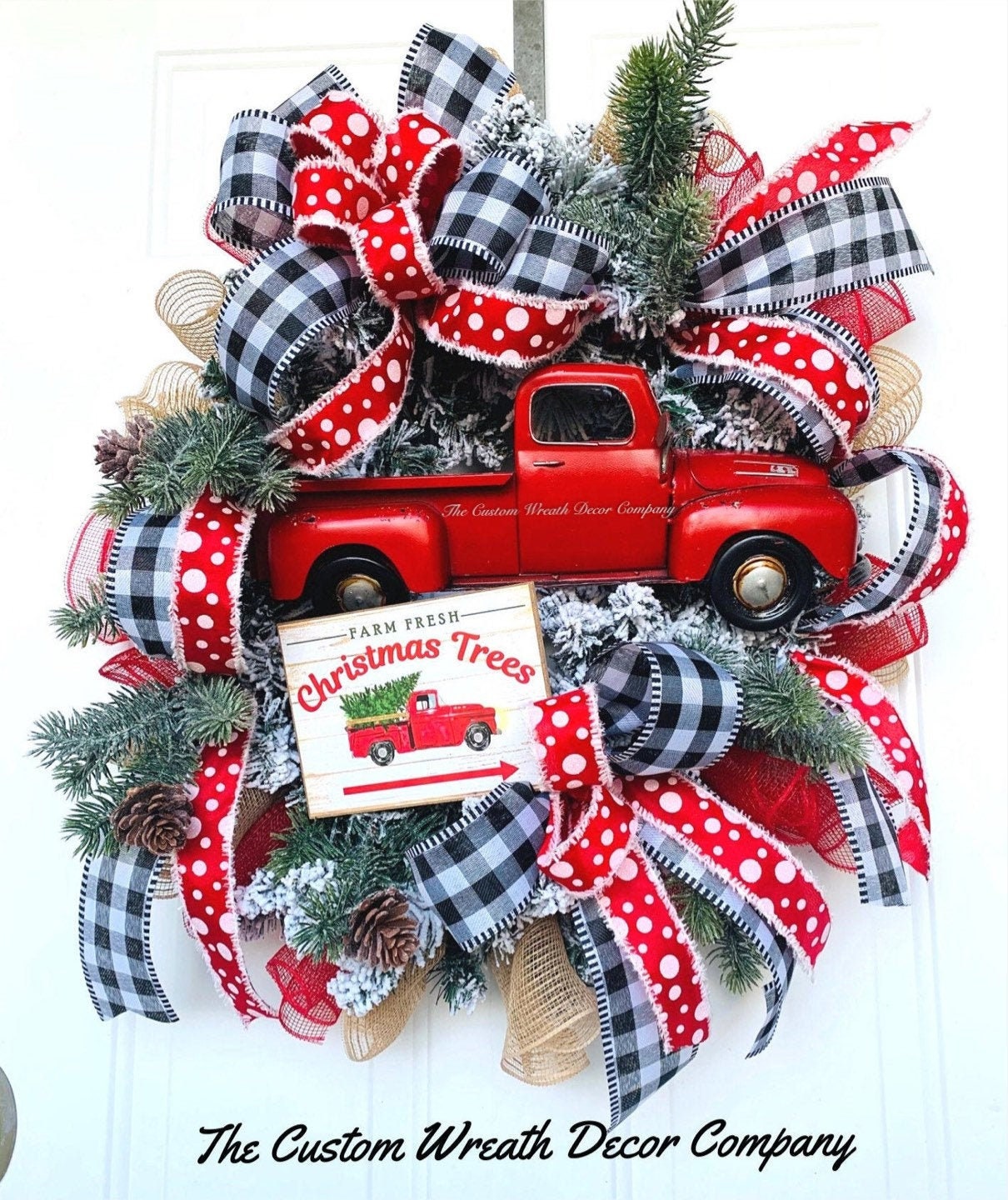 Red Truck Wreath, Vintage Truck Wreath, Red Truck Christmas Wreath, Christmas Tree Wreath, Buffalo Plaid Christmas Wreath