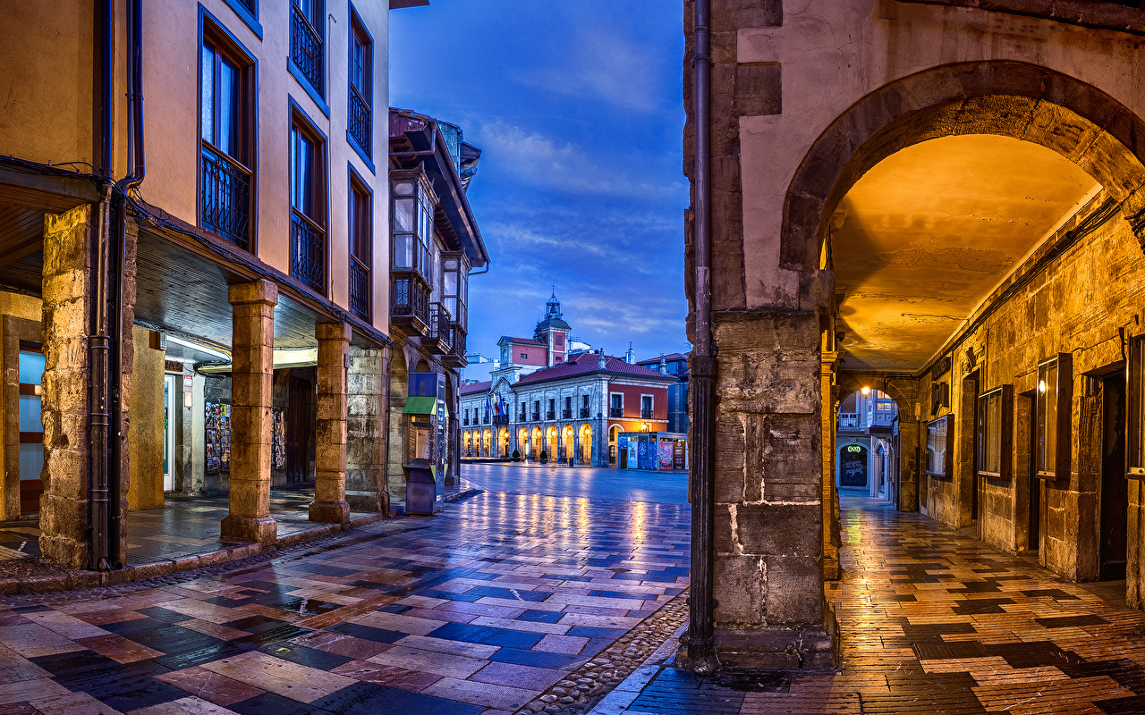 Picture Spain Aviles Asturias Street Night Street lights Houses