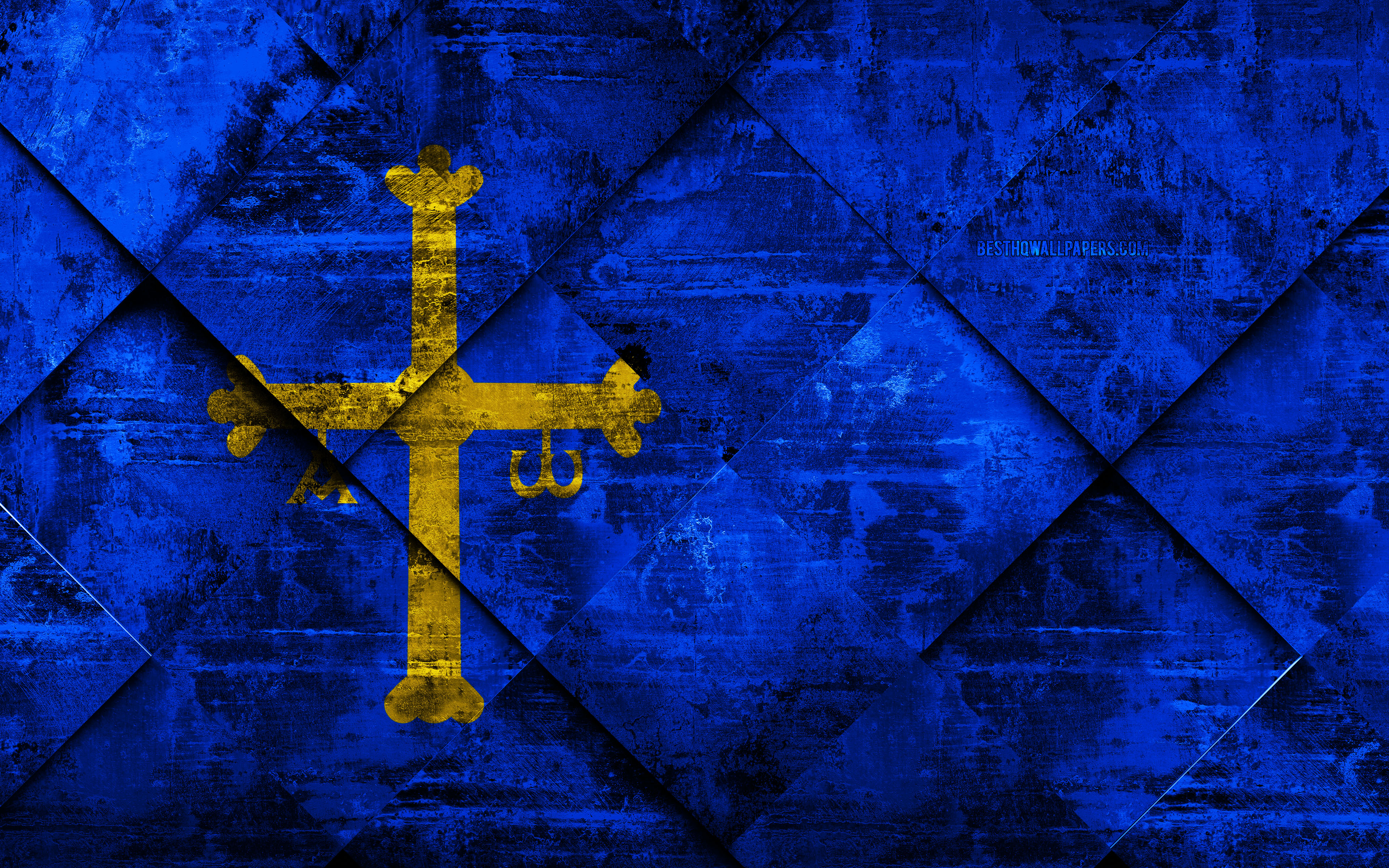 Download wallpaper Flag of Asturias, 4k, grunge art, rhombus grunge texture, spanish province, Asturias flag, Spain, national symbols, Asturias, provinces of Spain, creative art for desktop with resolution 3840x2400. High Quality HD